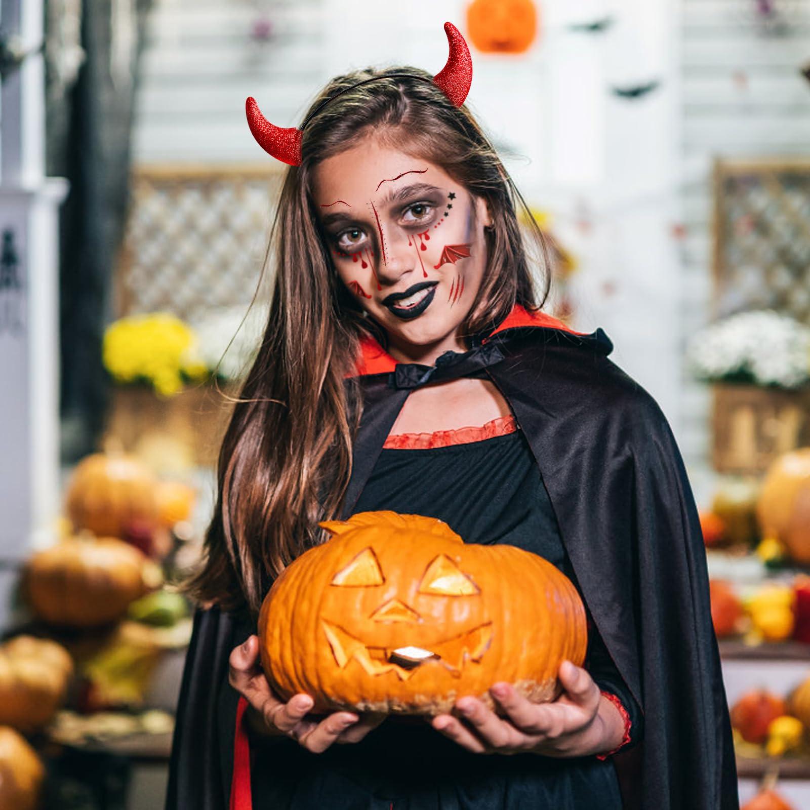 nooepc nooepc Glitter Devil Horns Headband With Halloween Tattoos, Red Devil Horns Halloween Costumes for Women Men Girls, Halloween Fancy Devil Accessories Dress Cosplay Hairband-Black