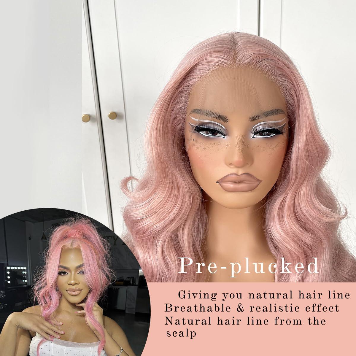 MITIMES MITIMES Pink Wigs Glueless HD Lace Front Wigs Pre Plucked Synthetic Body Wave Wear And Go Lace Front Wig For Cosplay Party Light Pink Wig With Natural Hairline For Fashion Women