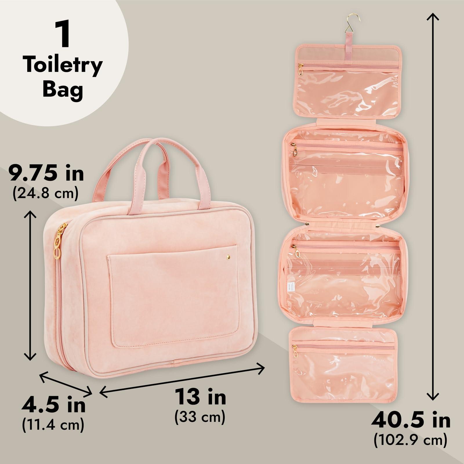 Glamlily Glamlily Large Roll Up Hanging Toiletry Bag For Women, Pastel Pink Makeup Travel Organizer with S Hook for Cosmetics, Hair Accessories, Razors (13x4.5x9.75 In)