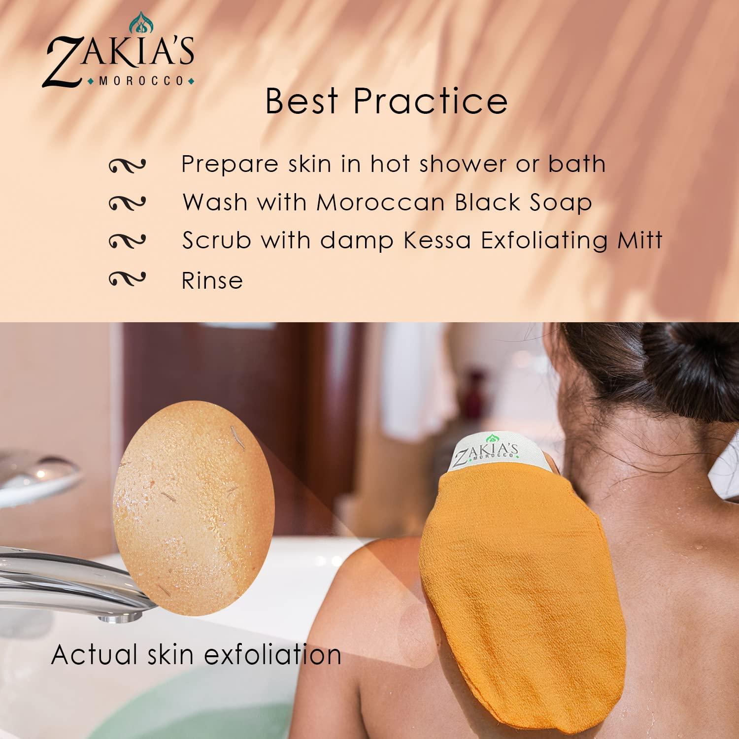 Zakia's Morocco Original Kessa Exfoliating Glove - Charcoal Black - Microdermabrasion At Home Exfoliating Mits, Removes unwanted dead skin, dirt and grime and Keratosis Pilaris. Great for spray tan removal. (1 Unit)