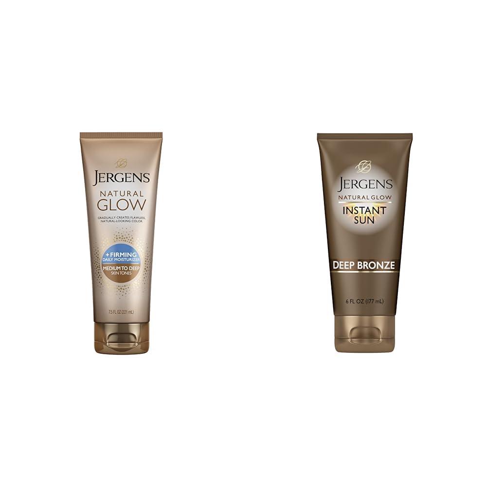 Jergens Jergens Natural Glow + Firming Daily Moisturizer Medium to Tan Skin Tones 7.5oz & Natural Glow Instant Sun Sunless Tanning Moisturizer + Bronzer, Self Tanner, Deep Bronze, for Natural-Looking Tan