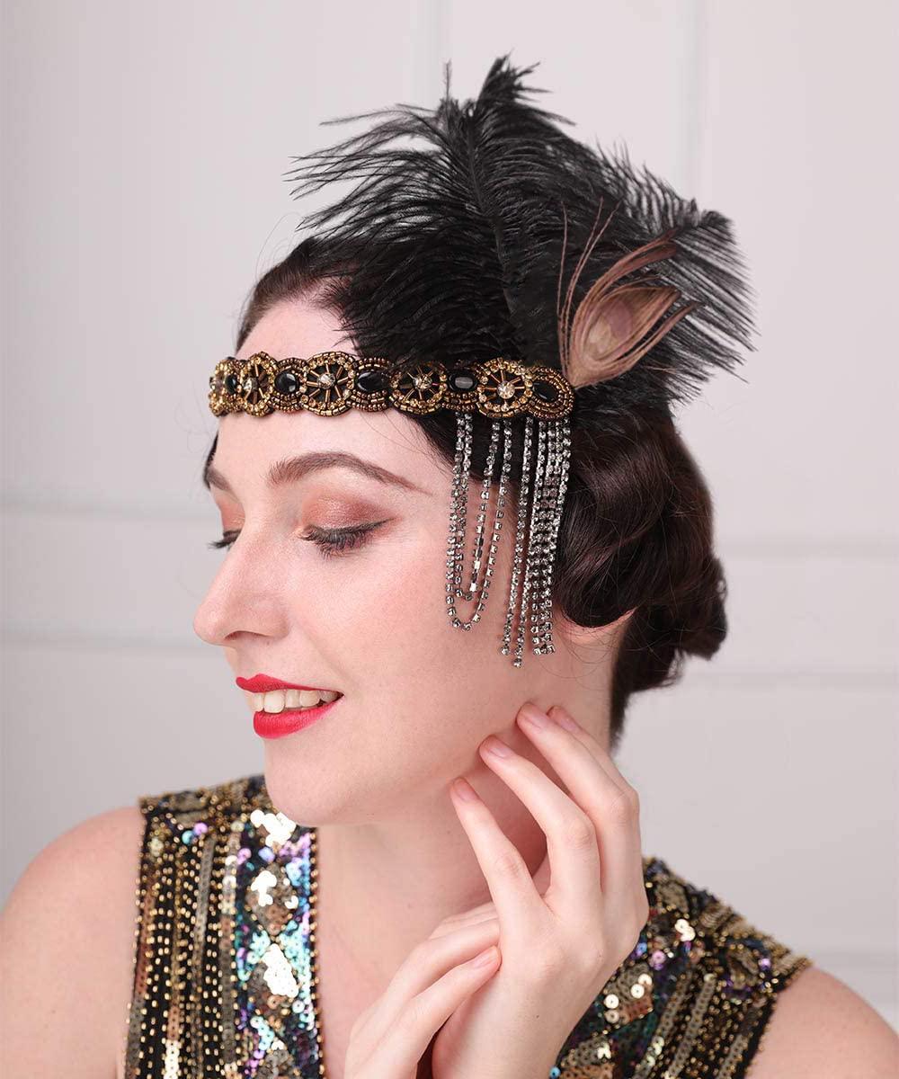 Aimimier Aimimier 1920s Flapper Feather Headband Crystal Tassel Black Headpiece with Beaded Elastic Head Chain Masquerade Hair Accessories for Women