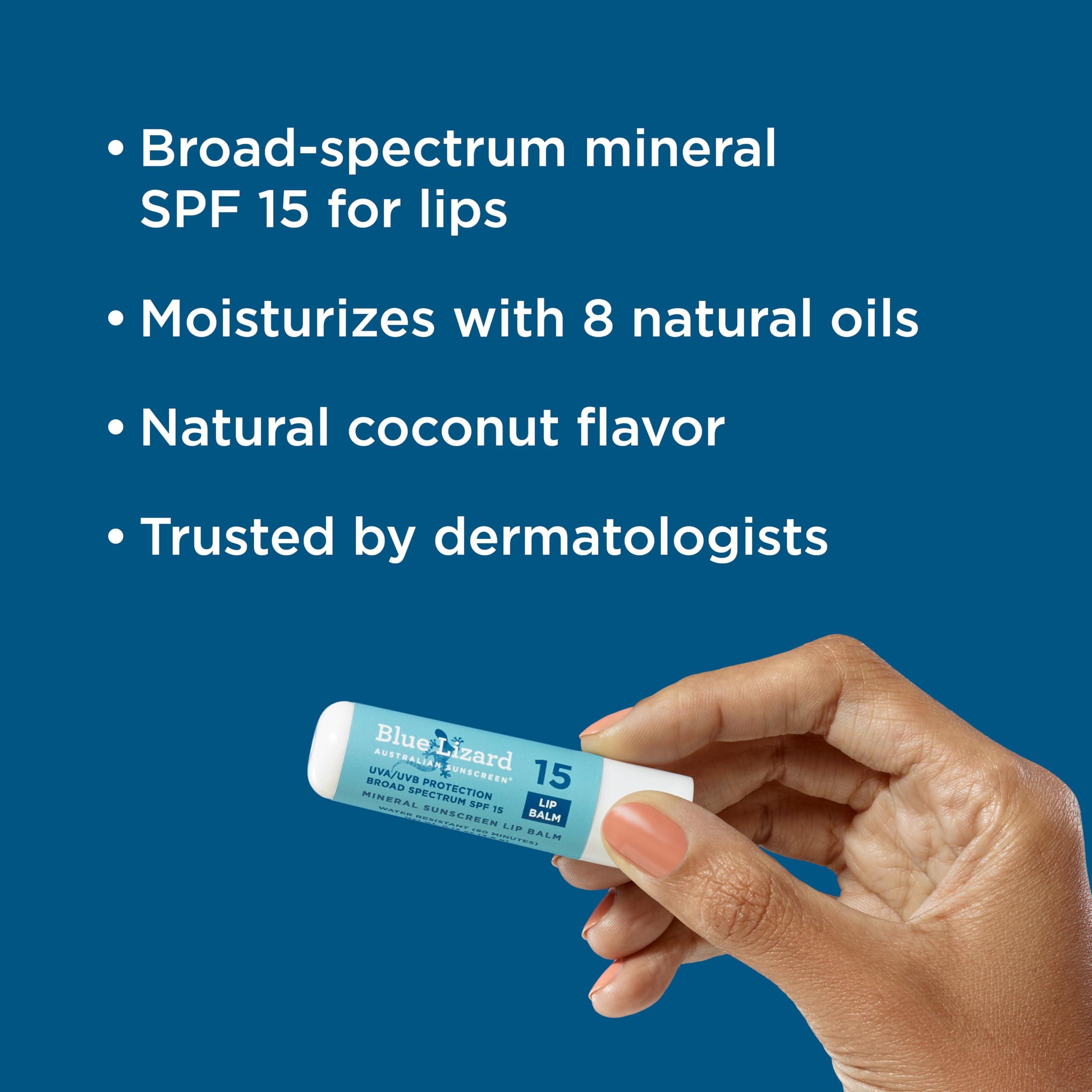BLUE LIZARD Bundle of BLUE LIZARD Sensitive Mineral Sunscreen with Zinc Oxide Sensitive, SPF 50 5 Fl Oz + 3-Pack Blue Lizard Mineral SPF 15 Lip Balm:Natural Coconut Flavor, Each Tube 0.13 oz.