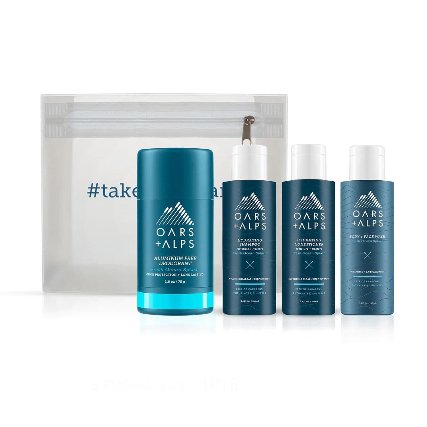 Oars + Alps Oars + Alps Hair and Body Travel Kit for Men, Includes Sulfate Free Shampoo, Conditioner, Body Wash, Deodorant, and Reusable Pouch, TSA Friendly, Fresh Ocean Splash Scent