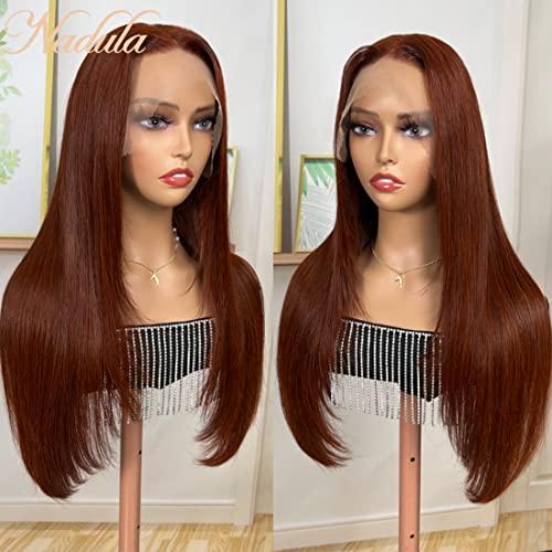 Nadula Nadula Reddish Brown 13x4 Lace Front Layered Butterfly Haircut Straight Wig Human Hair for Women,12A Malaysian Silky Straight Transparent Lace Frontal Human Hair Wigs Pre Plucked with Baby Hair 18inch