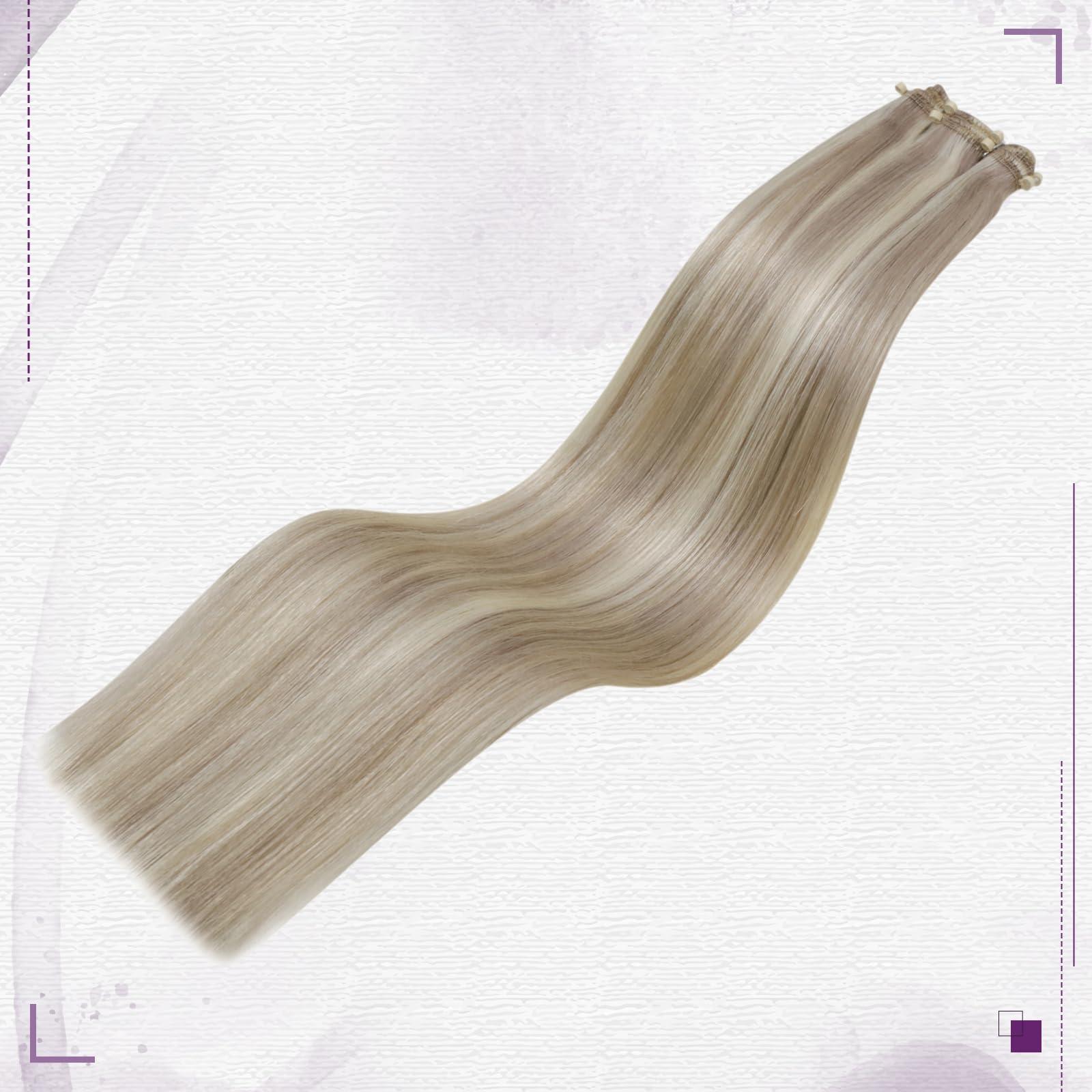 LAAVOO LaaVoo Beaded Weft Hair Extensions Ash Blonde Bead Hair Extensions Real Human Hair Weft Hair Extensions Bleach Blonde with Ash Blonde with Micro Beaded 22inch 50g
