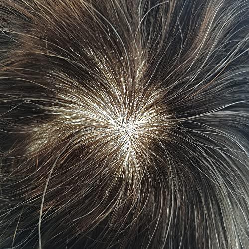 Hair Wonders Toupee for Men Real Human Hair Piece Replacement Systems Durable Full Poly Skin Mens Toupee Hairpiece Hair System for Men Protesis Capilar Para Hombre330# 3# Dark Brown+30% Grey8\'\'x10\'\'