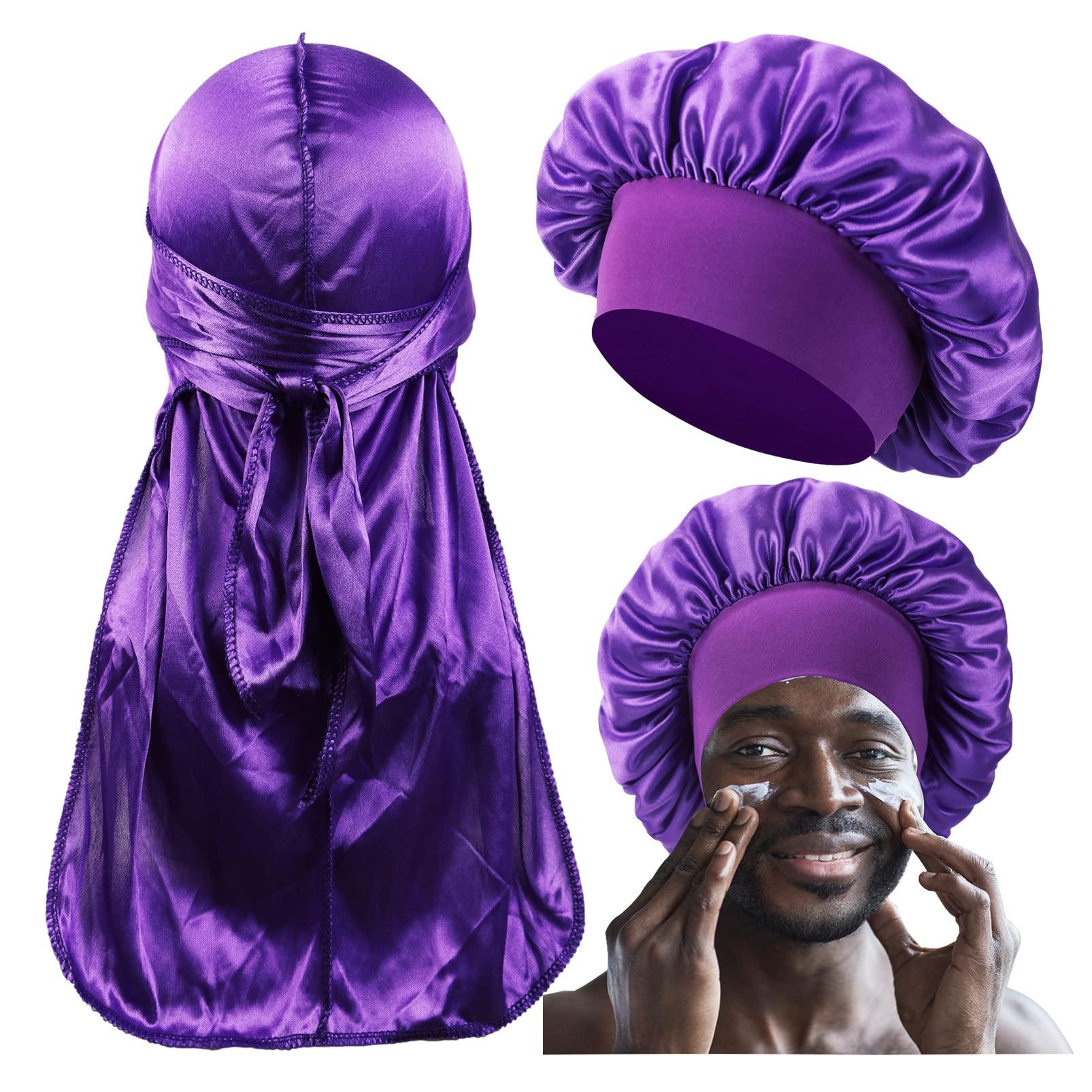 Himoswis Silk Bonnet for Men,Sleeping Bonnet for Curly Hair Men,Hair Bonnet Men for Sleeping,Matching Bonnets and Durags Set E-Purple