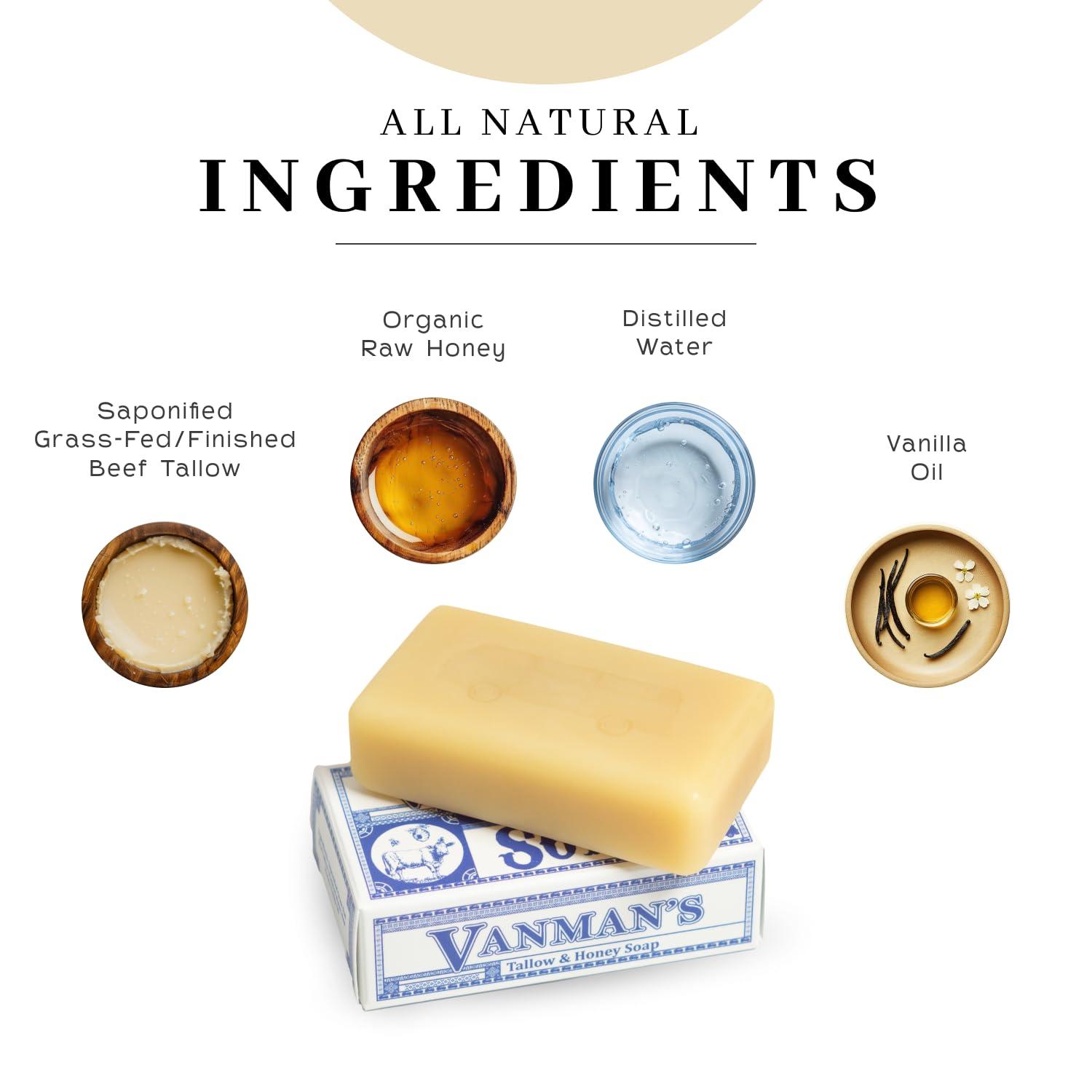 The VanMan Company Vanman - Pure Beef Tallow with Honey - Pure Saponified 100% Grass Fed Beef Tallow for Skin, Raw Honey, Distilled Water and Vanilla Oil - Subtle Vanilla Scent - Beef Tallow and Honey Soap - 10 Pack