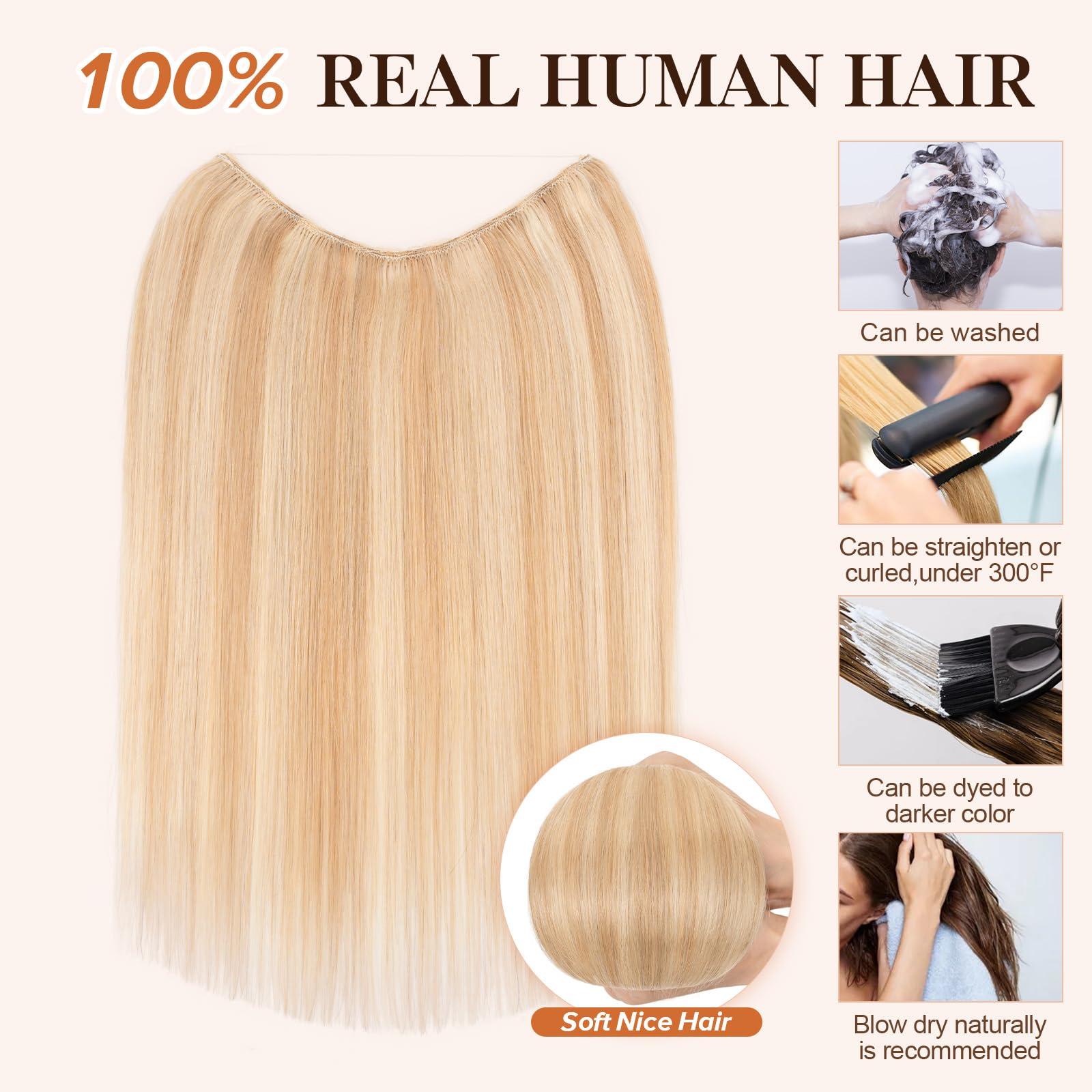 S-noilite Halo Hair Extensions Real Human Hair,S-noilite Halo Hair Extensions,Halo Hair Extension for Women,100% Human Hair Halo Extensions,Halo Hair 70g/20inch 18P613 Gold Blonde Mixed Bleach Blonde