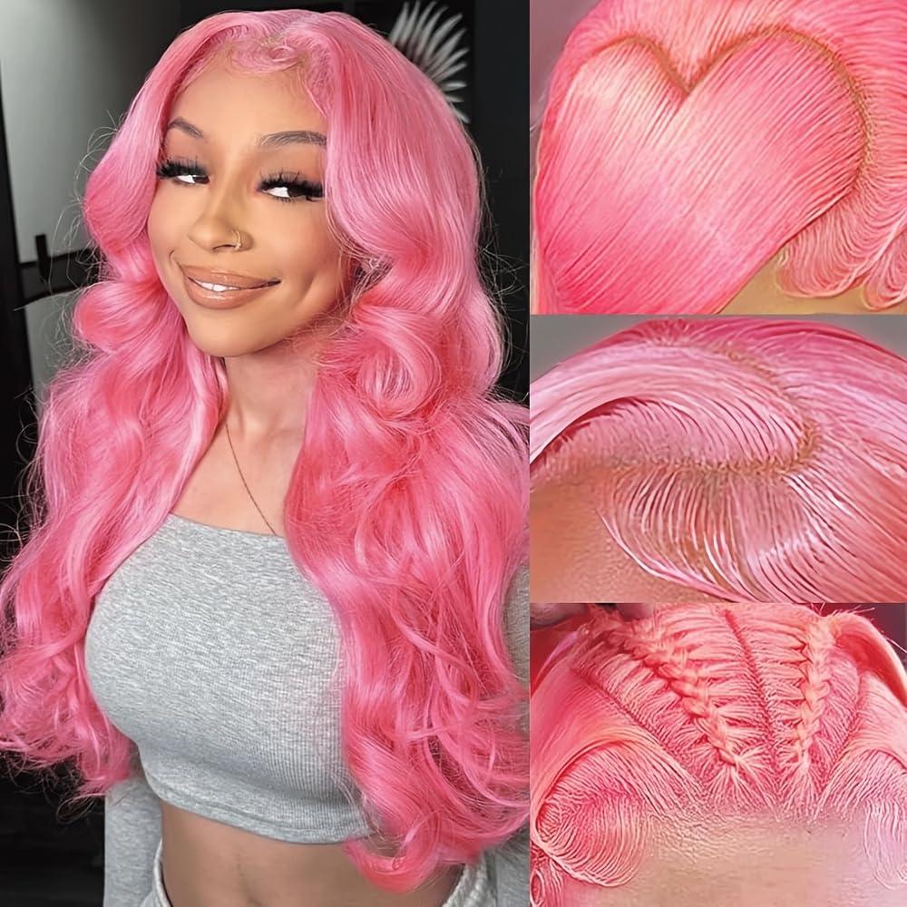 Mscathy Mscathy Pink Body Wave Lace Front Wigs Human Hair Pre Plucked 150 Density Pink Human Hair 134 Lace Front Wigs for Women(26 Inch, Pink)