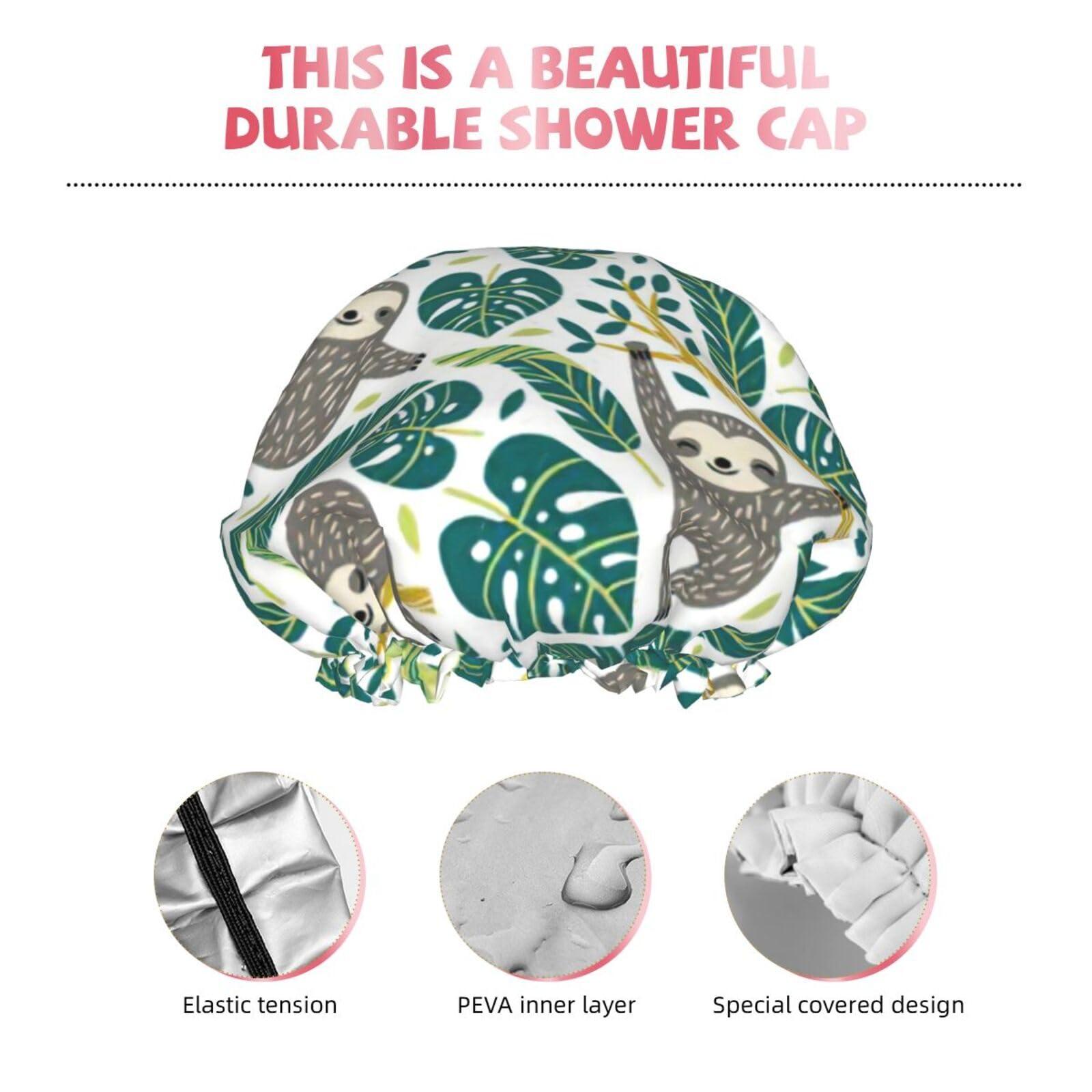 WURTON WURTON Adorable Sloth Print Soft Shower Cap for Women, Reusable Environmental Protection Hair Bath Caps