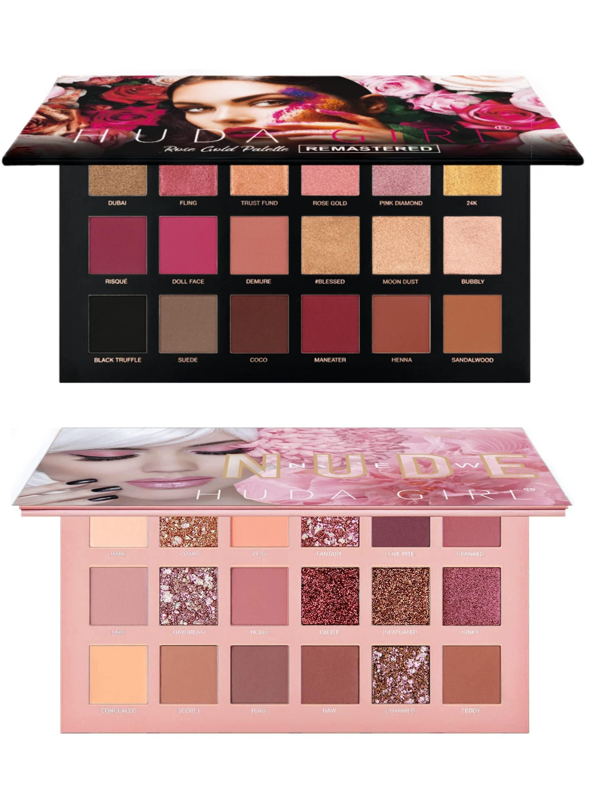 HUDA GIRL HUDA GIRL Beauty Rose Gold Remastered + Nude Edition Eyeshadow Palette Combo Kit - 36 Matte and Shimmer Finishes, Includes Black Eyeshadow - Complete Eye Shadow Palette Set