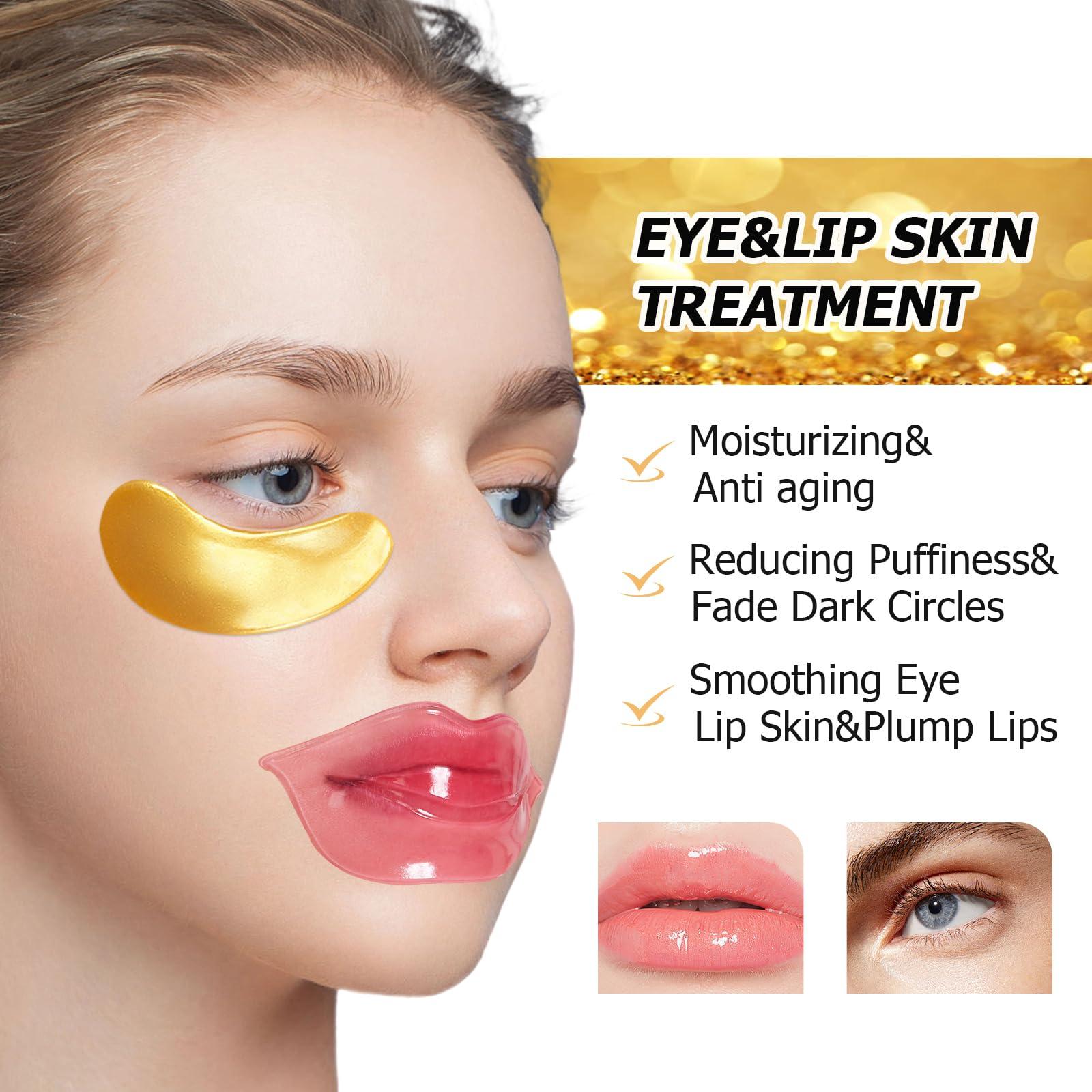 Jakuva 30 Pairs Lip Masks & Eye Masks,Gold Under Eye Patches for Puffy Eyes,Peach Red Lip Masks Skincare,Effectively Moisturizing the Lip & Eye Skin,Anti-Aging,Reducing Fine Lines,Nourishing for Face Care