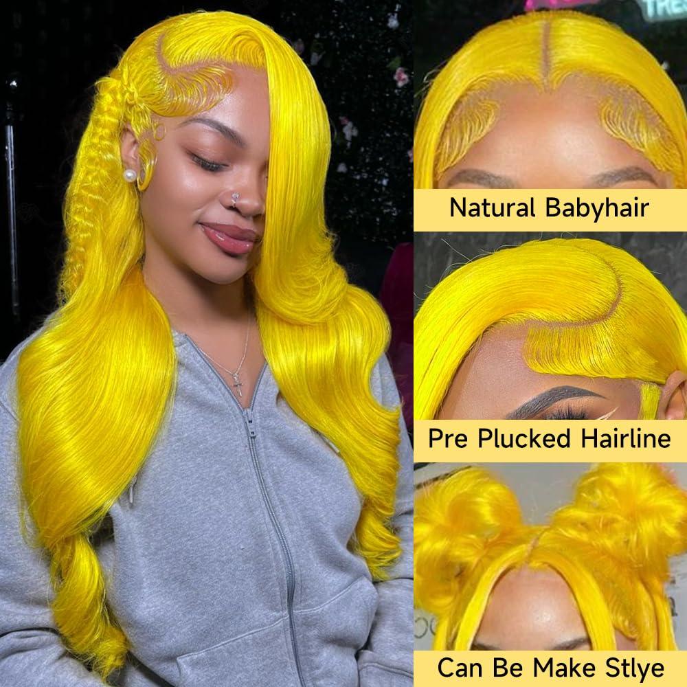 Boumon Yellow Lace Front Wig Human Hair 200% Density Blonde Wig Human Hair 13x4 Body Wave Lace Front Wigs Human Hair Pre Plucked Lace Frontal Wig Yellow Colored Wigs Human Hair 22 Inch