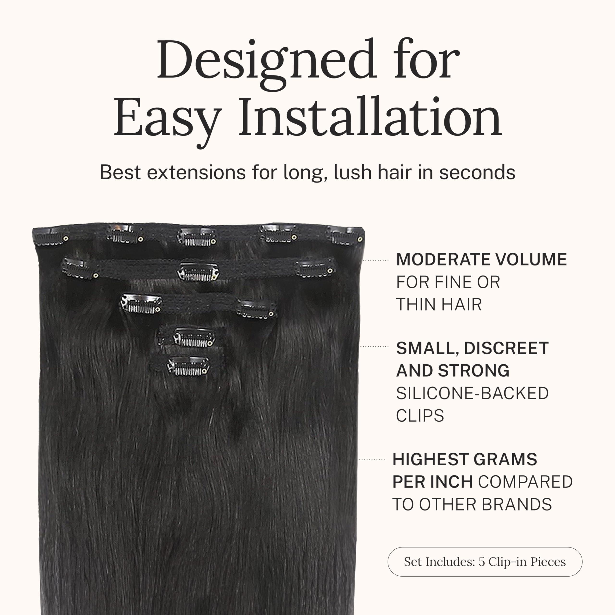 Zala Zala Clip In Hair Extensions - 100% Remy Human Hair - Natural, Silky & Straight Discreet Clip in Extensions - Blend Easy into Natural Hair - 5 Piece Set, in Natural Black (85g / 16 inch)