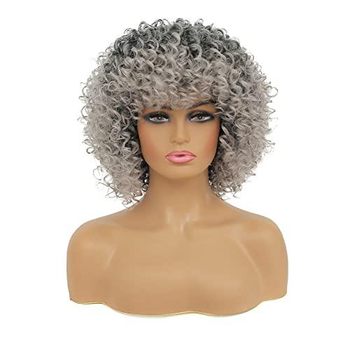 Kaneles Kaneles Short Grey Kinky Afro Wig for Black Women Synthetic Mixed Gray Wigs with Bangs Hair Shoulder Length Kinky Afro Curly Wig for Daily