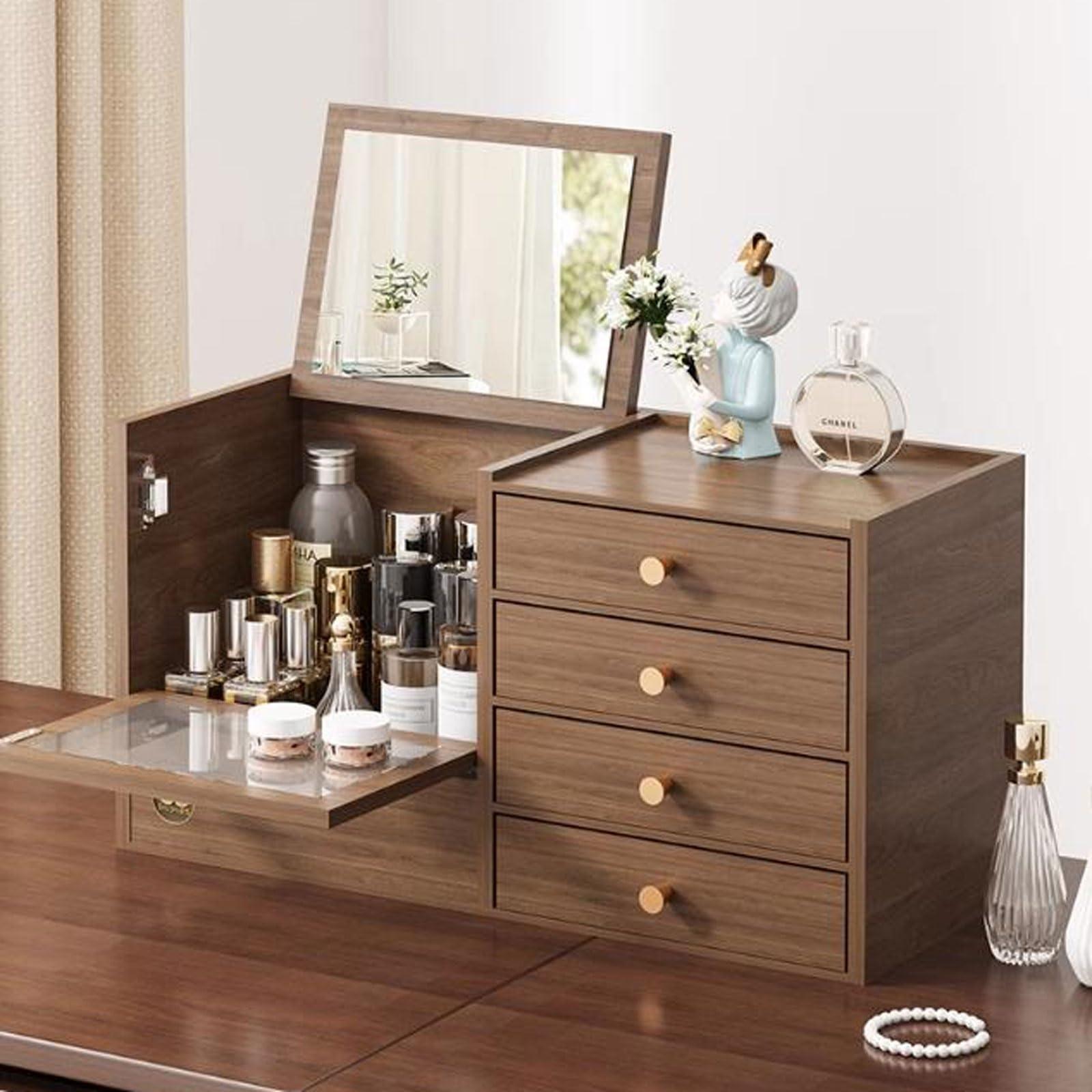 SGUM-SR Makeup Storage Organizer Wooden Makeup Organizer with 4 Drawers and Built-in Mirror, Sturdy Solid Wood Storage Box for Makeup, Accessories, Jewelry and More, Compact Dressing Table Organizer Cosmetics