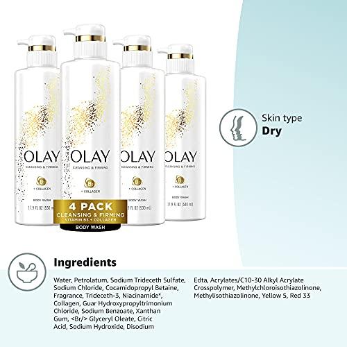 Olay Olay Body Wash Cleansing & Firming for Women with Collagen and Vitamin B3, 20 fl oz (Pack of 4)