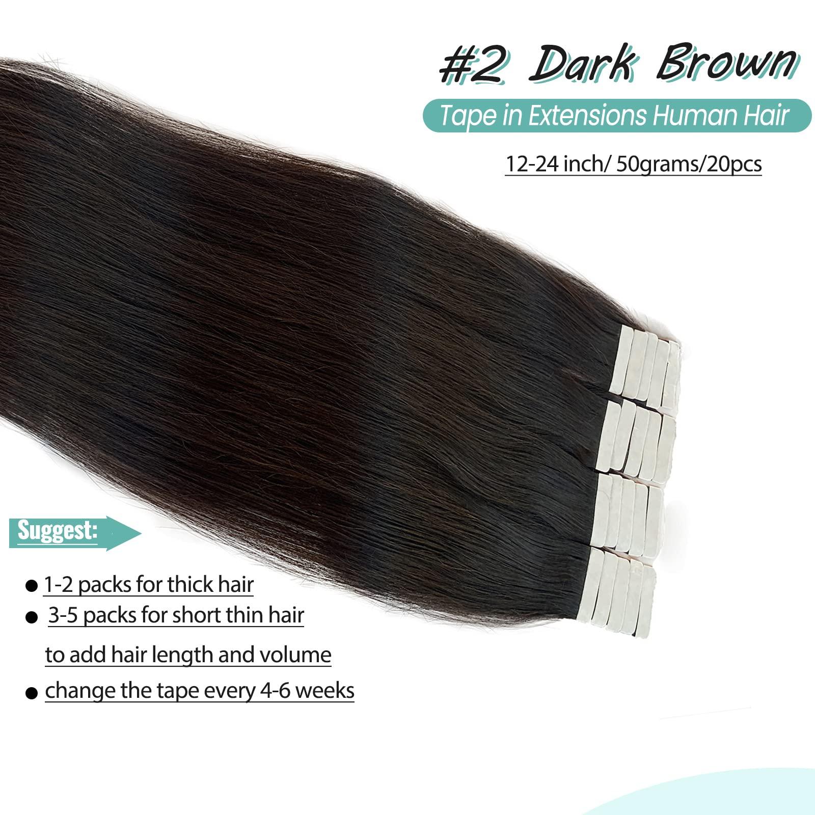 Licoville Dark Brown Tape in Extensions 14 Inch Real Human Hair 50g 20pcs Brown Tape in Hair Extensions Human Hair Double Drawn Straight Brown Hair Extensions Tape ins for Women