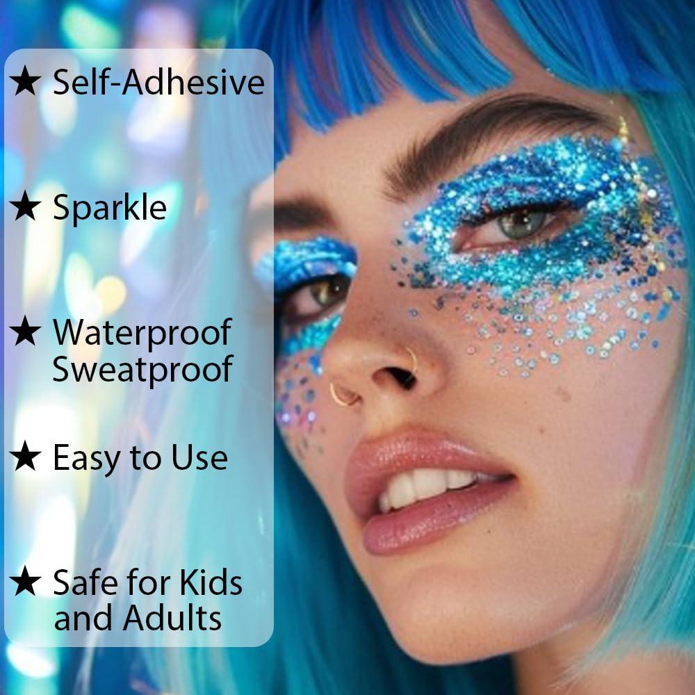 Mysense Mysense Blue Body Glitter Gel, Singer Concerts Glitter Makeup, Music Festival Rave Eye Hair Accessories, Chunky Glitter Mermaid Sequins, Sparkling Face Paint for Women, 30g
