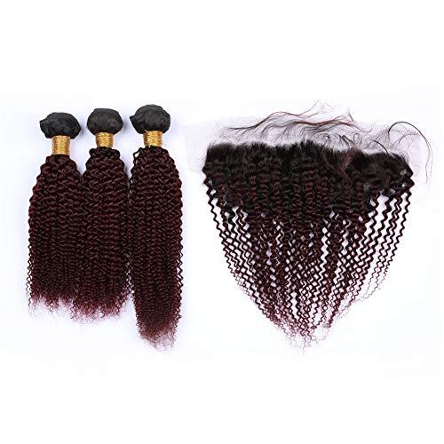 General Cloud Hair Dark Roots 1B 99J Burgundy Kinky Curly Hair Weaves 3Pcs with lace Frontal 13x4 Free Part Closure With 3Bundles Afro Kinky Curly Extensions (26 28 30+24 inch frontal 13x4)