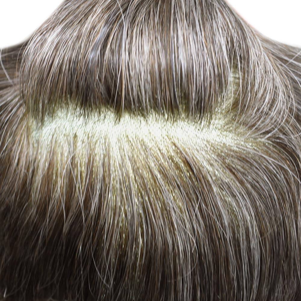 Generic Toupee for Men Hair Replacement System All Poly Mens Toupee Human Hair Units Skin PU Mens Hair Piece Grey Black Brown Patch Wigs (#340 3# DARK BROWN WITH 40% SYNTHETIC GREY)