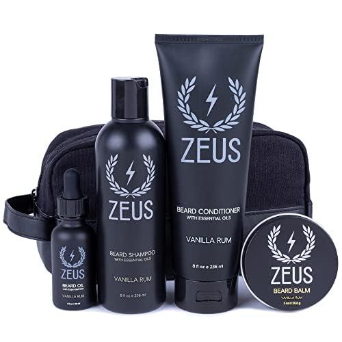 ZEUS ZEUS Everyday Beard Kit with Travel Toiletry Dopp Bag – Beard Wash Shampoo & Conditioner, Natural Beard Oil, Beard Balm & Travel Toiletry Bag (Vanilla Rum)