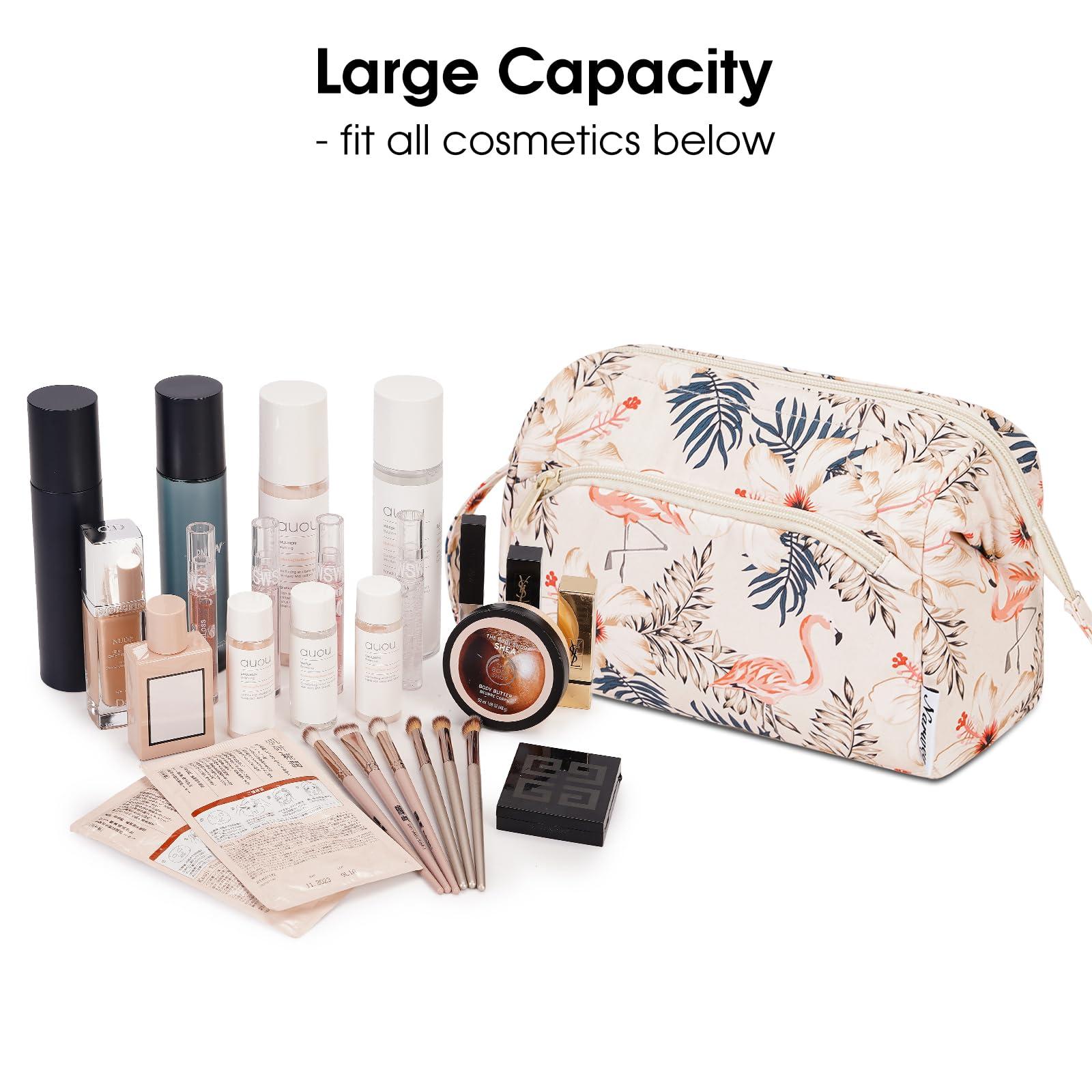 Narwey Narwey Large Women Makeup Bag Wide-open Make up Bag Travel Cosmetic Organizer Toiletry Bag for Cosmetics Toiletries Accessories (Beige Flamingo)