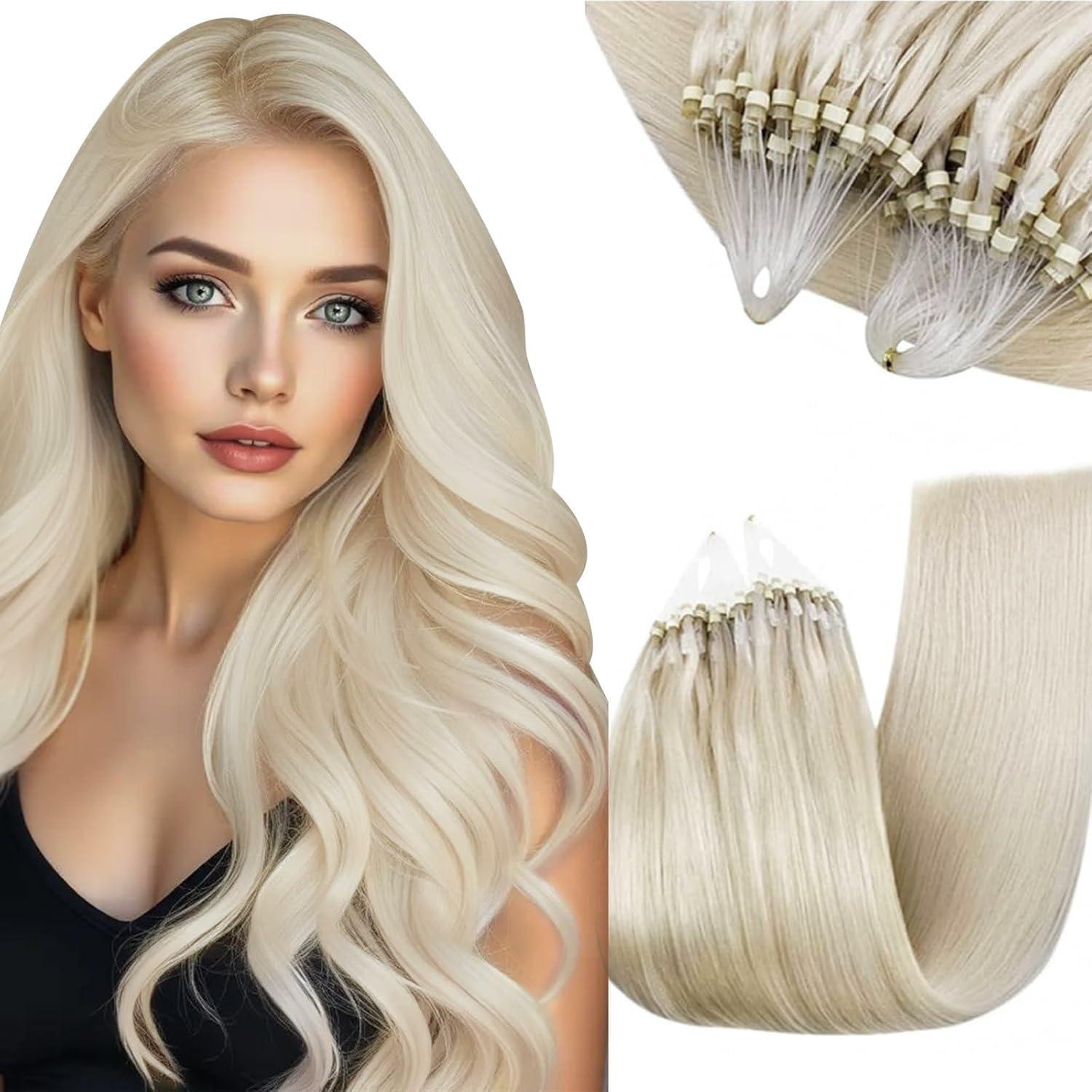 RUNATURE RUNATURE Blonde Micro Link Hair Extensions Human Hair White Blonde Microbeads Hair Extensions Remy Pre Bonded Microlink Hair Extensions Cold fusion Micro Human Hair Extensions Straight 12 Inch 40g 50