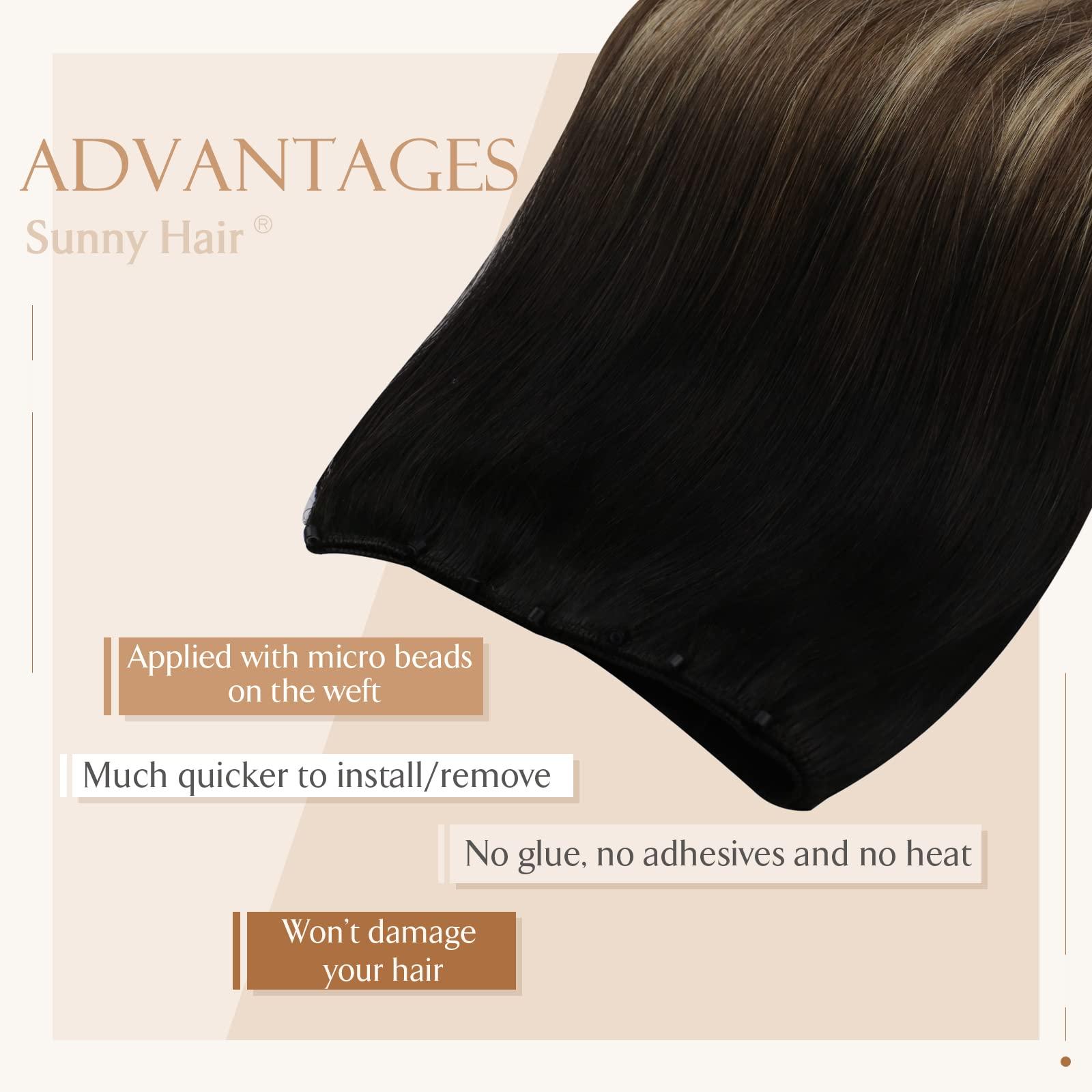 Sunny Hair Sunny Hair Beaded Weft Hair Extensions Human Hair 50G Micro Bead Weft Hair Extensions Real Human Hair Straight Weft Hair Extensions Easy Weft Natural Black to Dark Brown with Caramel Blonde 18inch