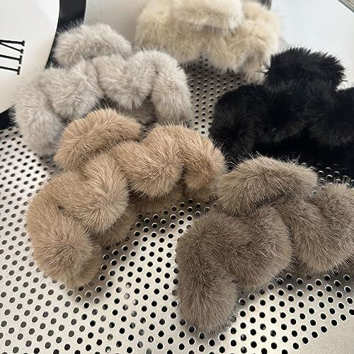 BIECWIAY Cute Furry Claw Clips for Curly Hair Elegant Fluffy Plush Faux Fur Large Hair Clip For Thin Long Hair Non-Slip for Women and Girls