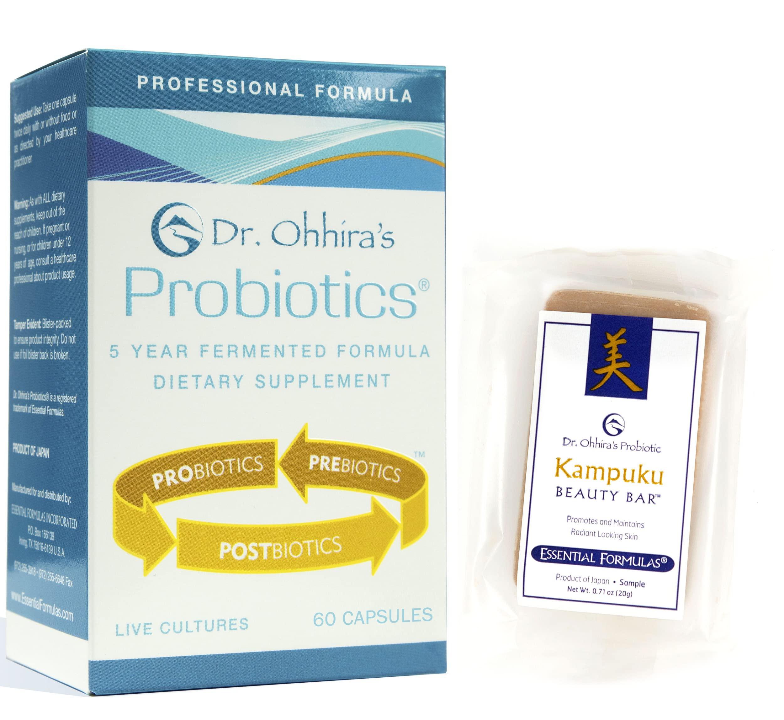 Essential Formulas Dr. Ohhira\'s Professional Probiotics Formula 60 Capsules with Beauty Bar Soap Travel Size, 20 Grams - No Refrigeration Supplement - Vegetarian, Non-Dairy, Gluten Free