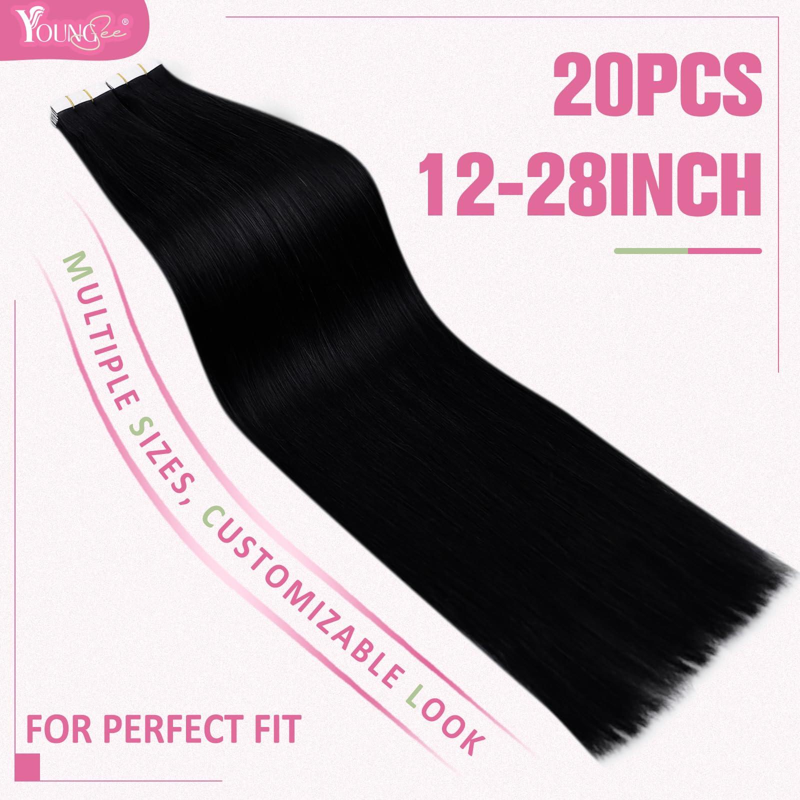 YoungSee YoungSee Black Tape in Hair Extensions Real Human Hair 14Inch Invisible Tape in Hair Extensions Human Hair Jet Black 50g Tape Extensions Human Hair Black for Women 20pcs Easy to Apply Hair Extensions