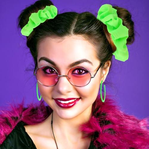 Lusofie 4 Pack 80s Neon Hair Scrunchies,Green Neon Earrings & Elastic Hair Scrunchy Set, Large Neon Scrunchies & Circle Style Earrings for Women Girl Halloween Party Decorations (Fluorescent Green)
