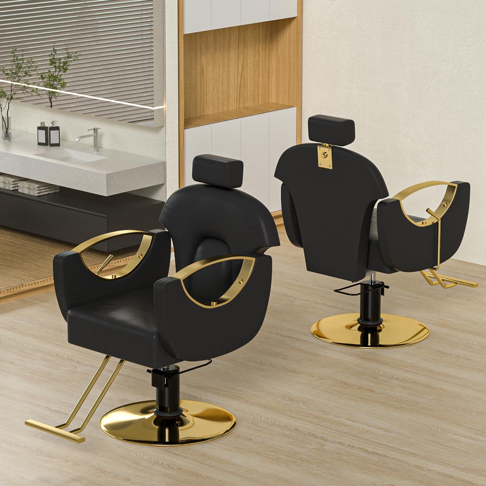 Charmmade Salon Chair Reclining Barber Chair Adjustable Recliner Styling Chair Hydraulic Adjust Height 360Swivel, Unique Headrest Design, Black and Gold