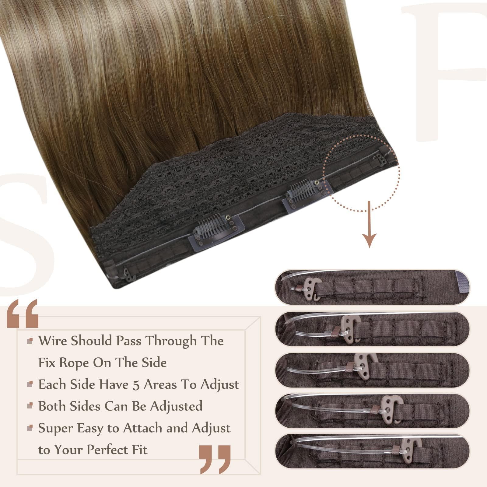 Fshine Fshine Invisible Wire Hair Extensions Real Human Hair 14 Inch Wire Human Hair Extensions Balayage Walnut Brown to Ash Brown and Butter Blonde One Piece Hair Extensions Clip in Human Hair Remy Hair 70g