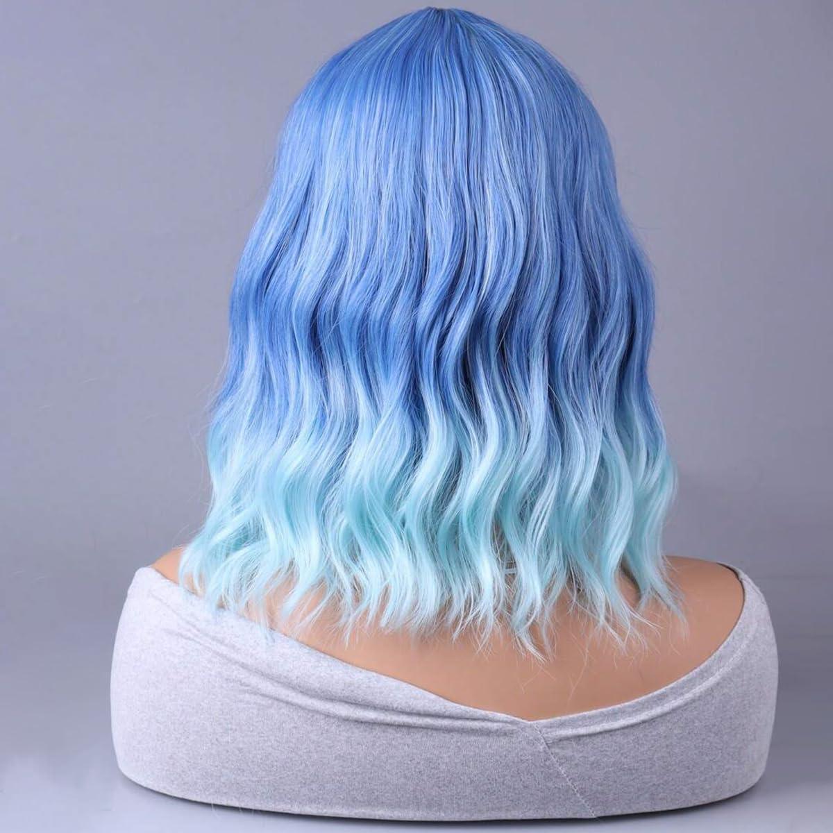 WTHCOS WTHCOS Blue Ombre Short Bob Wig Blue to Light Blue Wig Short Curly Wavy Wig With Bangs for Women Ombre Blue Wig Heat Resistant Synthetic Hair Wigs for Daily Use Cosplay Wig With Wig Cap
