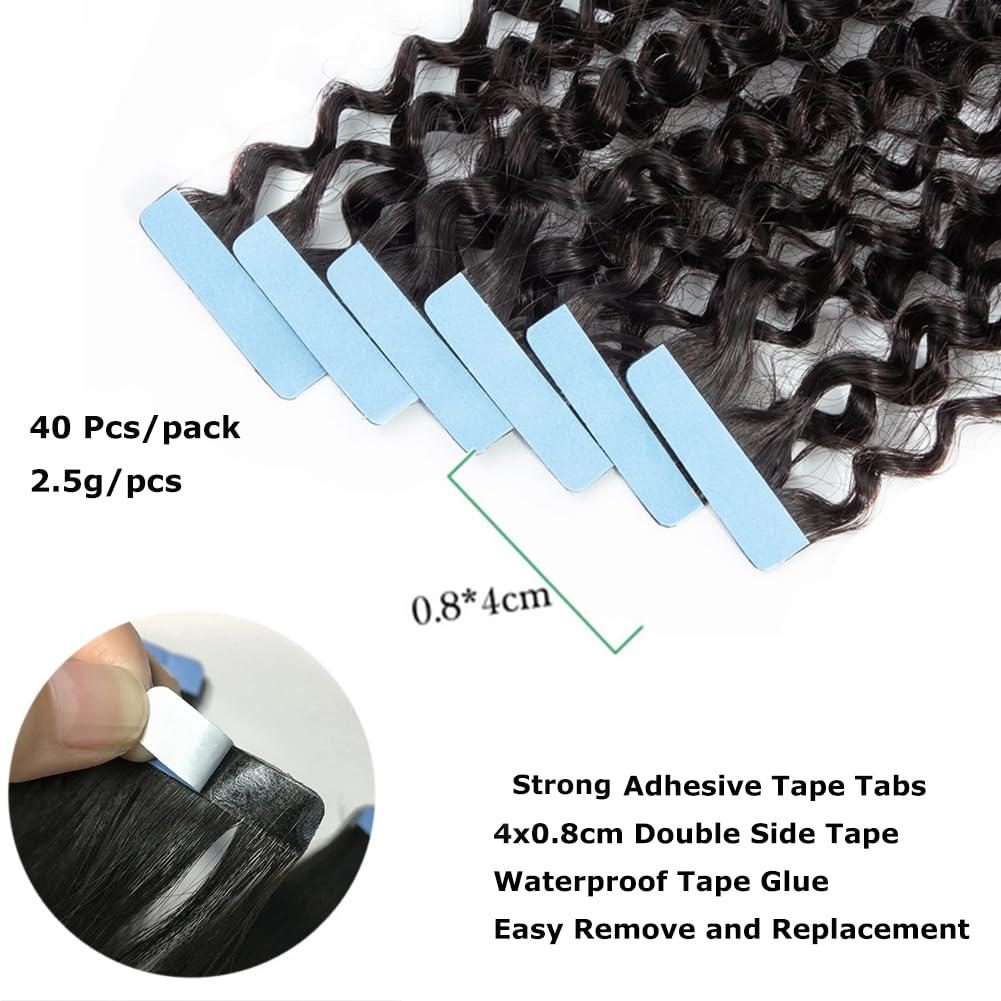 Kiss darling LASHES 14inch Tape in Hair Extensions Natural Black Jerry Curly Human Hair Extensions PU Skin Weft Adhesive Tape ins for Women 100g/40pcs Full Head Natural Black 1b