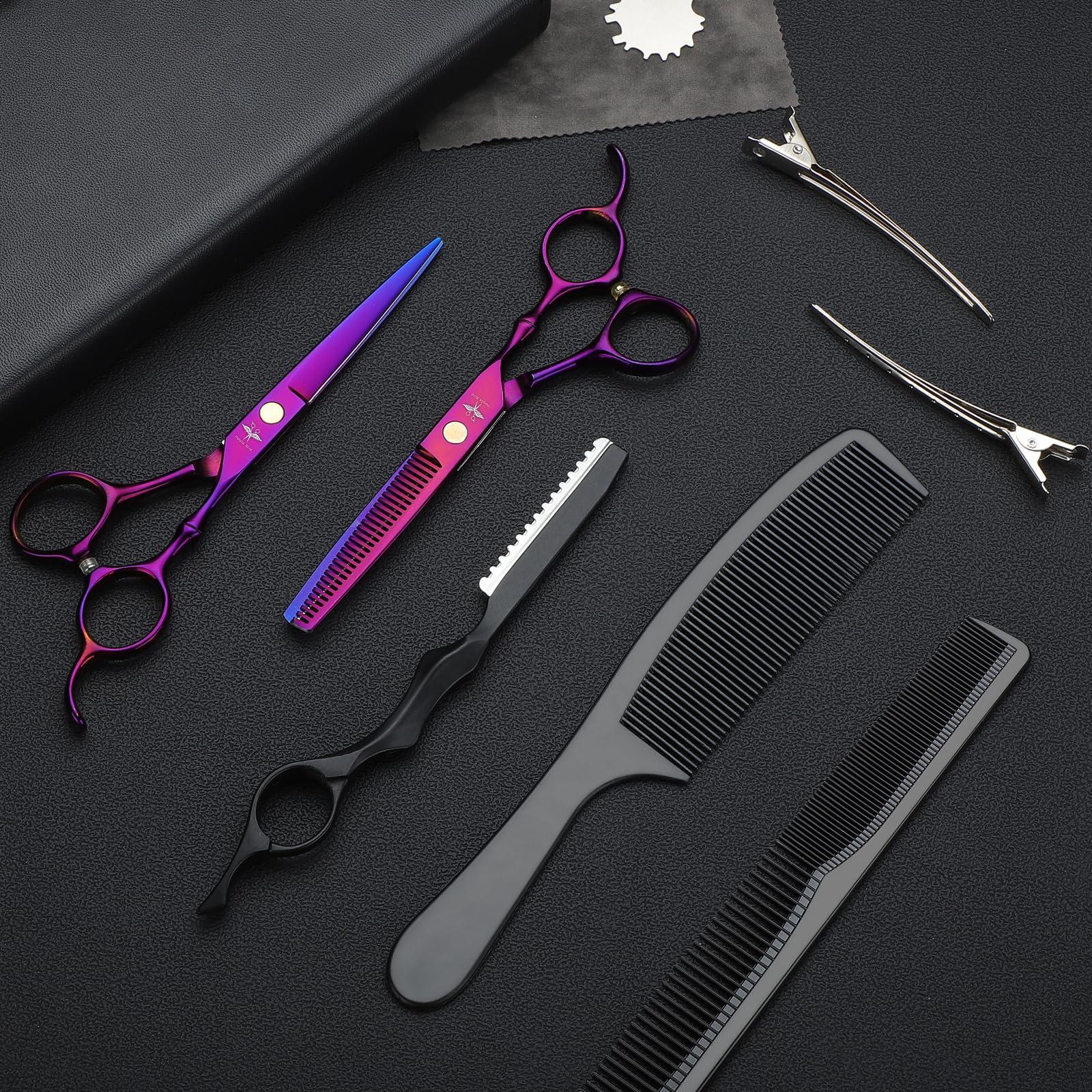 PURPLEBIRD PURPLEBIRD Hair Cutting Scissors Kit, Professional Barber Scissors Hairdressing Shears Set with Stainless Steel Hair Scissors Thinning Scissors for Men Women Pet 10 Pcs Purple