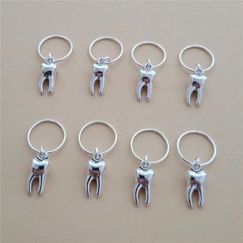 Generic Generic 8pcs Tooth Charm Hair Jewelry for Men Women Braids, Mini 3D Human Teeth Charm Pendant Dreadlocks Decorations Rings Clip, Gothic Punk Braids Hair Accessories, Antique silver