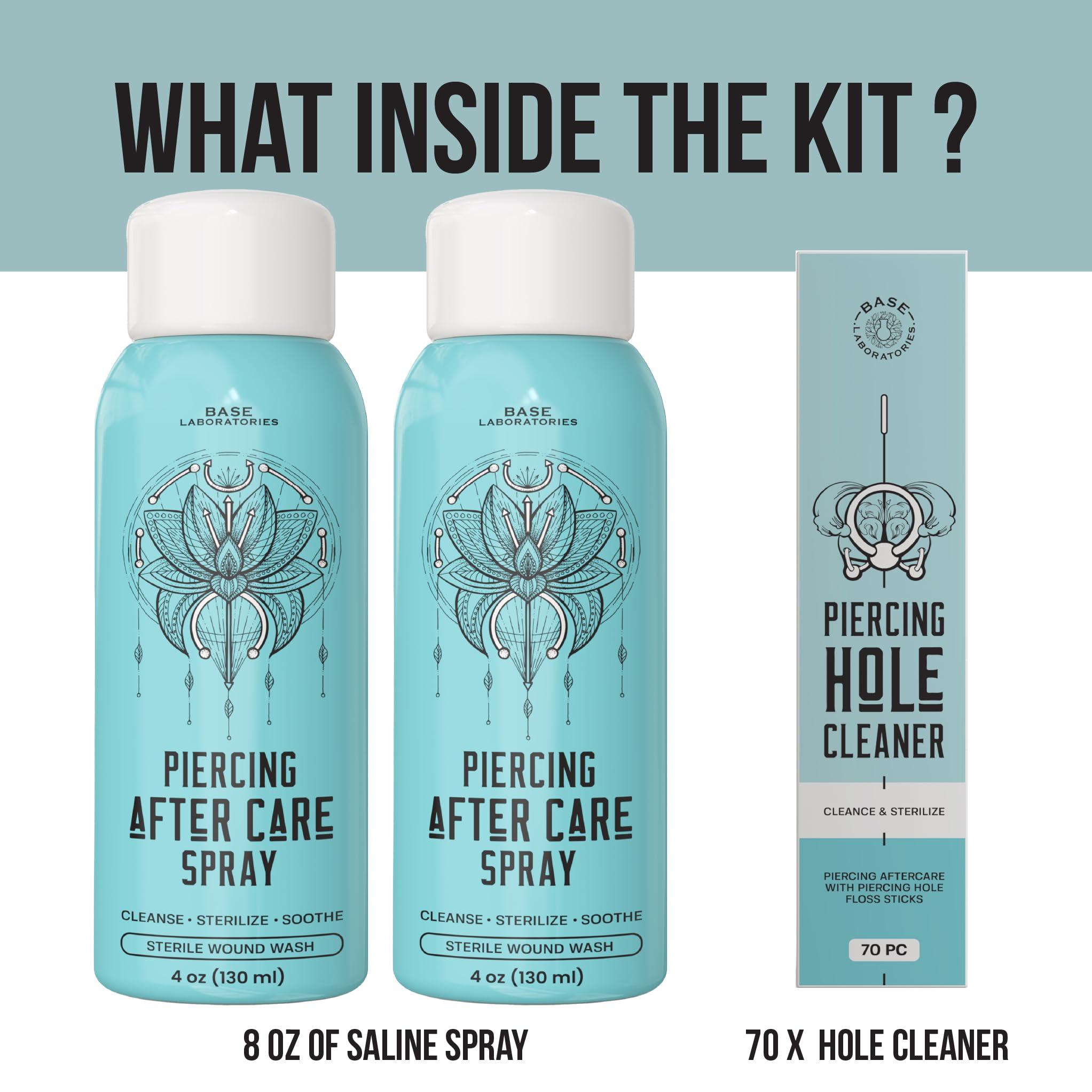 BASE LABORATORIES BASE LABORATORIES Piercing Aftercare Spray 4oz | Saline Spray for Piercings | Ear Piercing Cleaner | Saline Solution for Piercings | Keloid Bump Removal for Ears, Belly Nose Piercings - 2PK