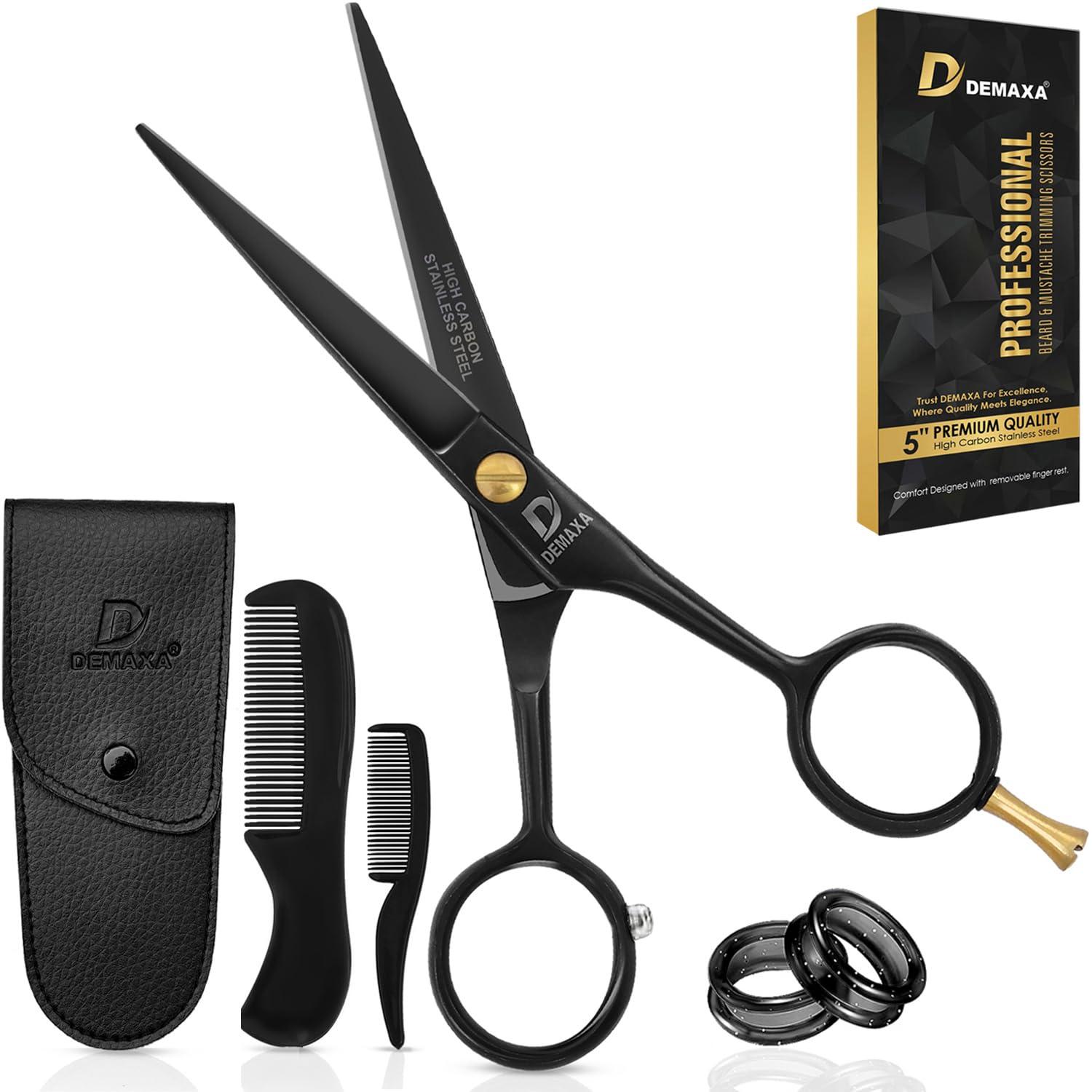 DEMAXA DEMAXA 5\" Professional Beard Mustache Scissors with 1 Mustache Comb, 1 Beard Comb & Soft Pouch Prefect Beard Trimming Scissors for All Facial Hair Scissors Grooming Scissors Men (Black)