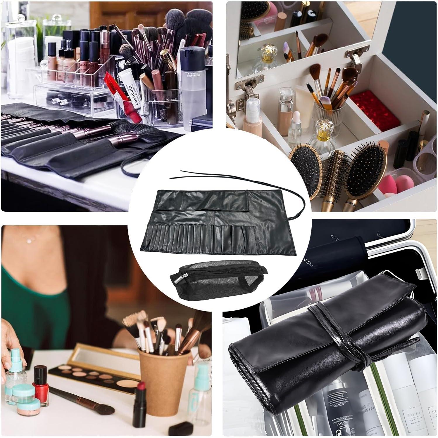 KAKKOII KAKKOII Makeup Brush Bag, PU Leather Makeup Brush Organizer, 16 Slots Portable Makeup Brush Pouch, Travel Mesh Cosmetic Bag With Foldable Makeup Brush Cleaner Bowl