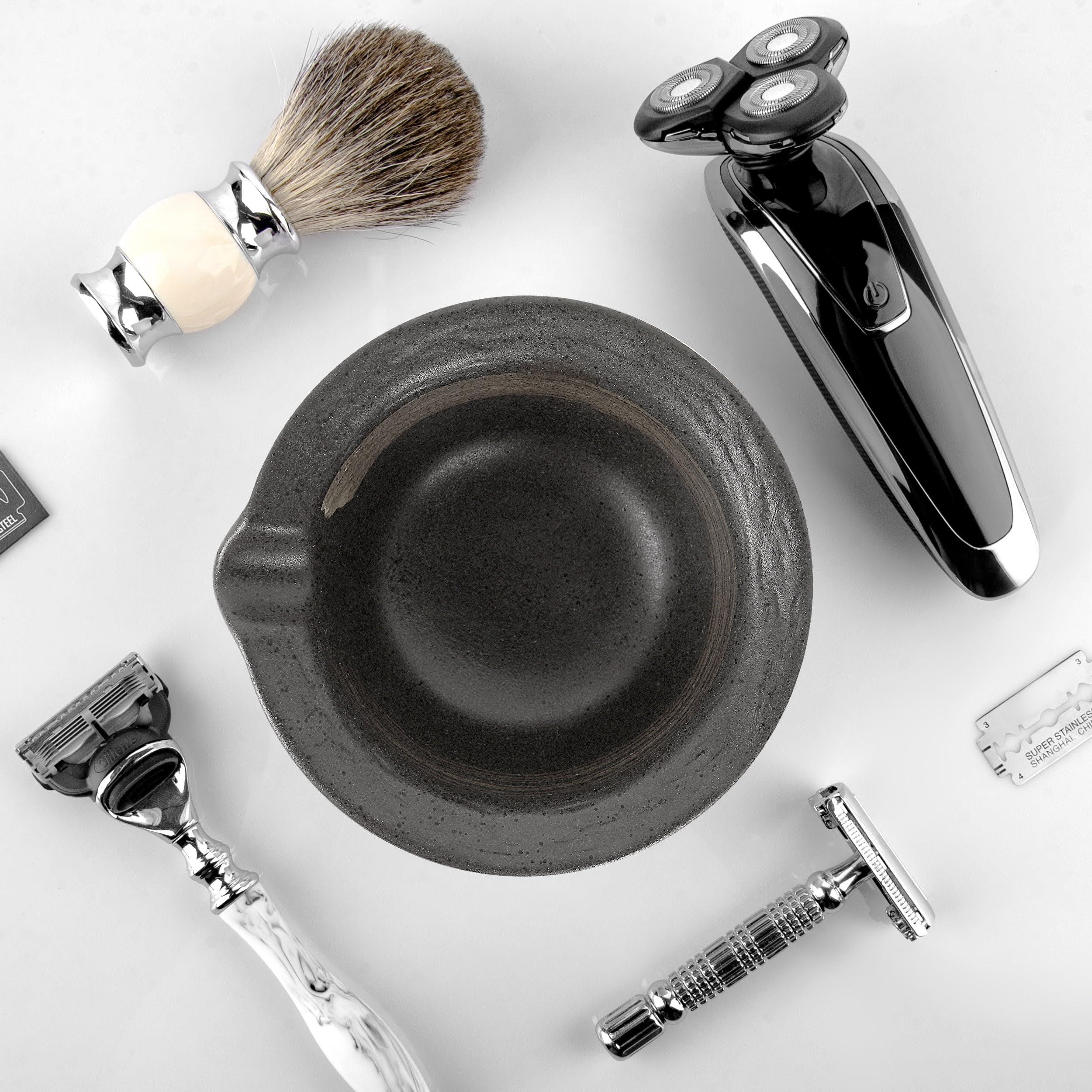 Linkidea Linkidea Inside Rough Ceramic Texture Shaving Bowl, Shaving Soap Lather Cup for Men, Beard Wet Razor Shave Cream Bowl (Black)