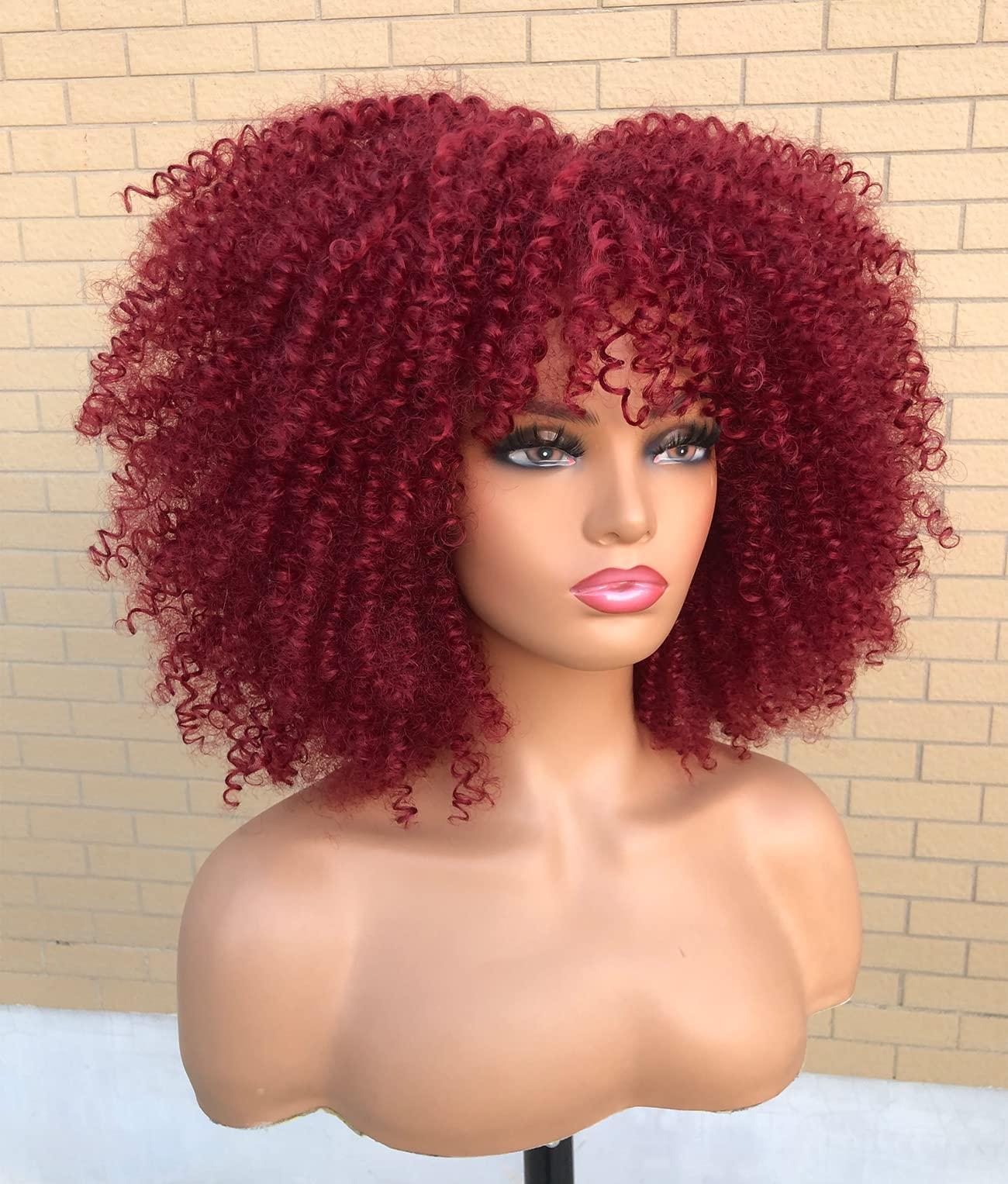 CC Hair Red Curly Wigs for Black Women Afro Curly Wigs with Bangs Afro Hair Synthetic Fiber Wigs Short Curly Wig (14inch)