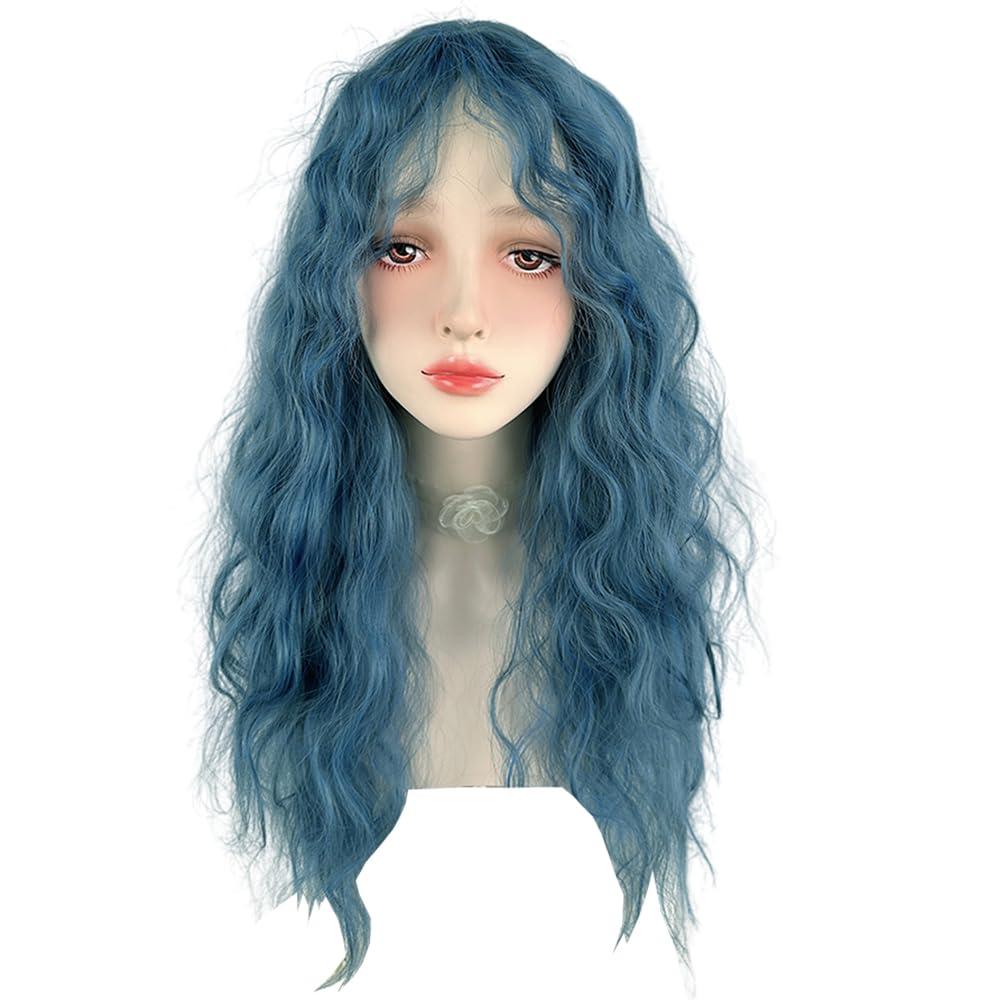 huafan luxkazya huafan luxkazya Blue Wig Long Curly Wig with Bangs Lolita Wig Long Wavy Synthetic Wig for Women Daily Party Use