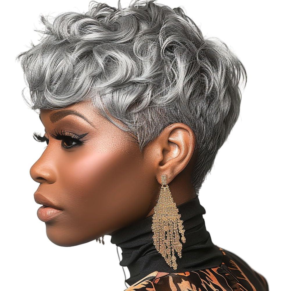 MOONSHOW MOONSHOW Grey Pixie Cut Wig Short Grey Wigs for Black Women Pixie Cut Wig Short Pixie Gray Wigs for Blcak Women Synthetic Pixie Wig Natural Wavy Short Curly Gray Pixie Cut Wigs for Old Women(Grey)