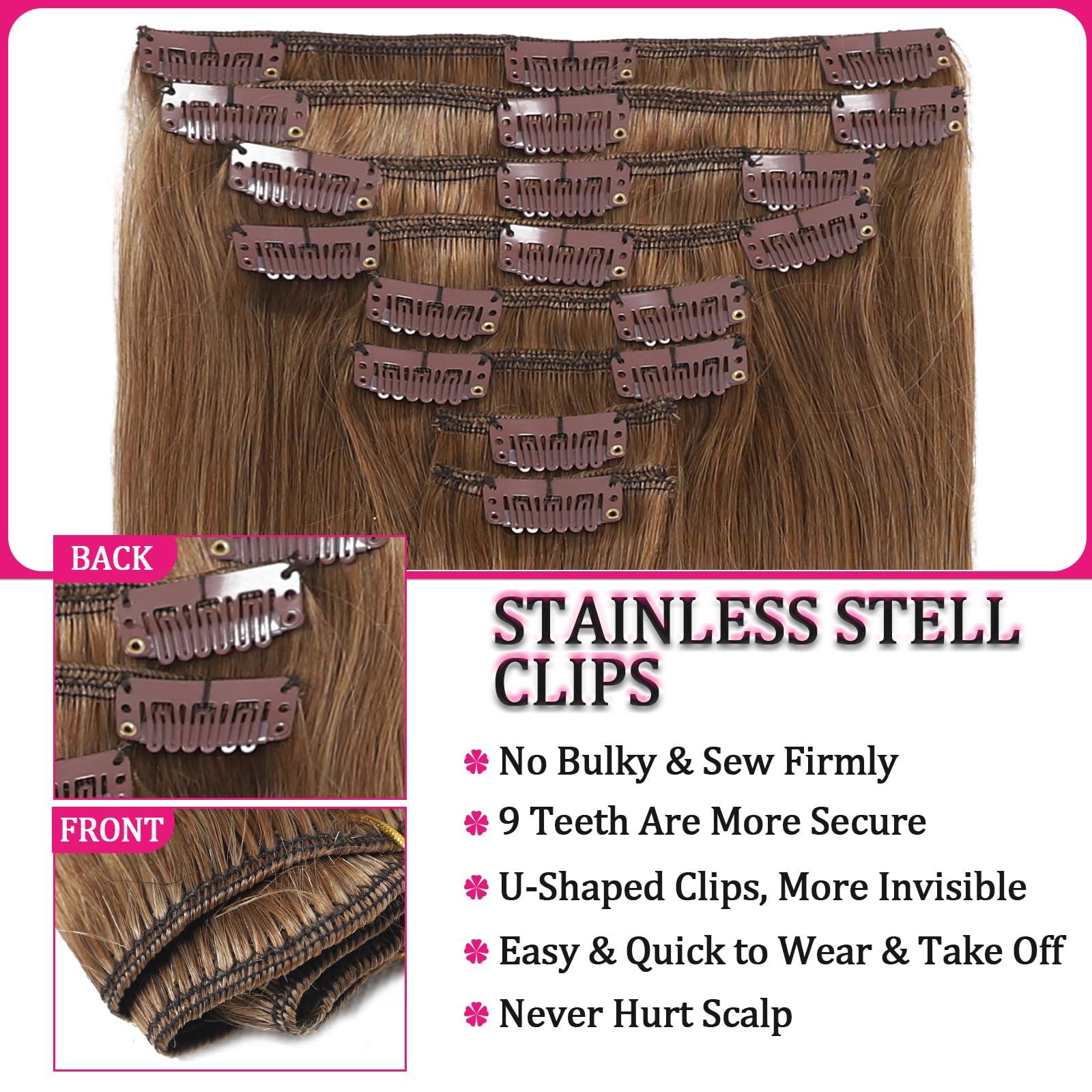 FZV Honey Blonde Clip in Hair Extensions Real Human Hair Clip Ins 110g 100% Human Hair Extension for Women 8pcs/set with 18clips Clip on Hair Extensions Double Weft Blonde Hair(16 Inch #27)