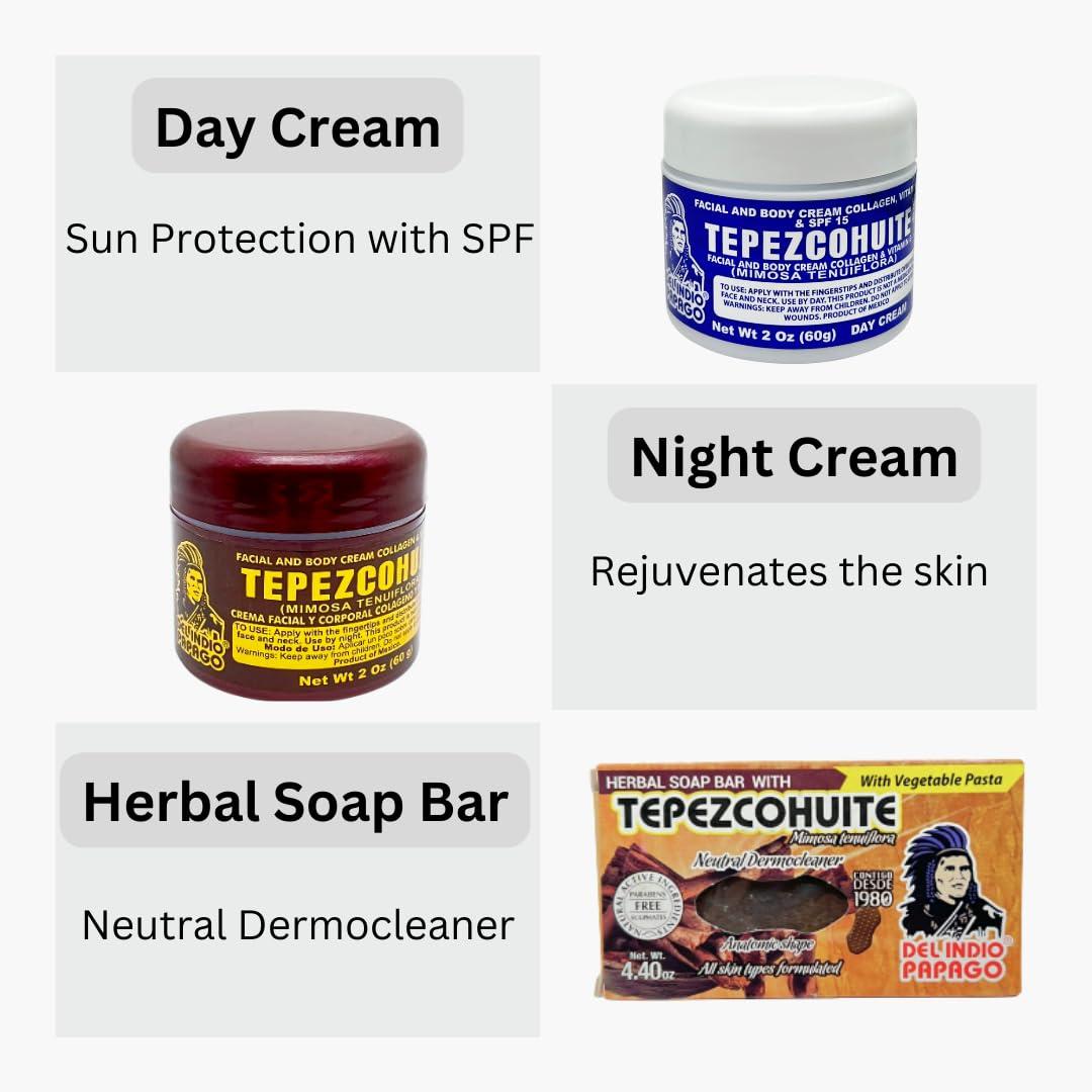 Indio Papago Del Indio Papago Anti Aging Combo Pack with Night Cream 2 oz, Day Cream 2 oz, and Tepezcohuite Natural Bar Soap - Skin Care Solution for All Types of Skin